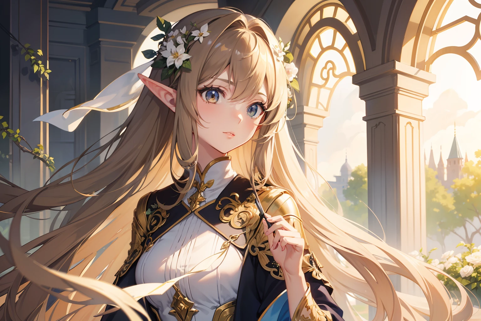 offcial art, female face,the elf, Long hair，pale brown hair , Brown eyes , in an art nouveau style , (tmasterpiece、top-quality、A high resolution: 1.4),8K, Painting of a woman with long light brown hair, anime art nouveau, highly detailed exquisite fanart, Anime fantasy illustration, clean and meticulous anime art, detailed anime art, Sharp focus, Delicate and beautiful hair，Eyes and face, hentail realism, ultra - detailed, a beauty girl, Flower garden,