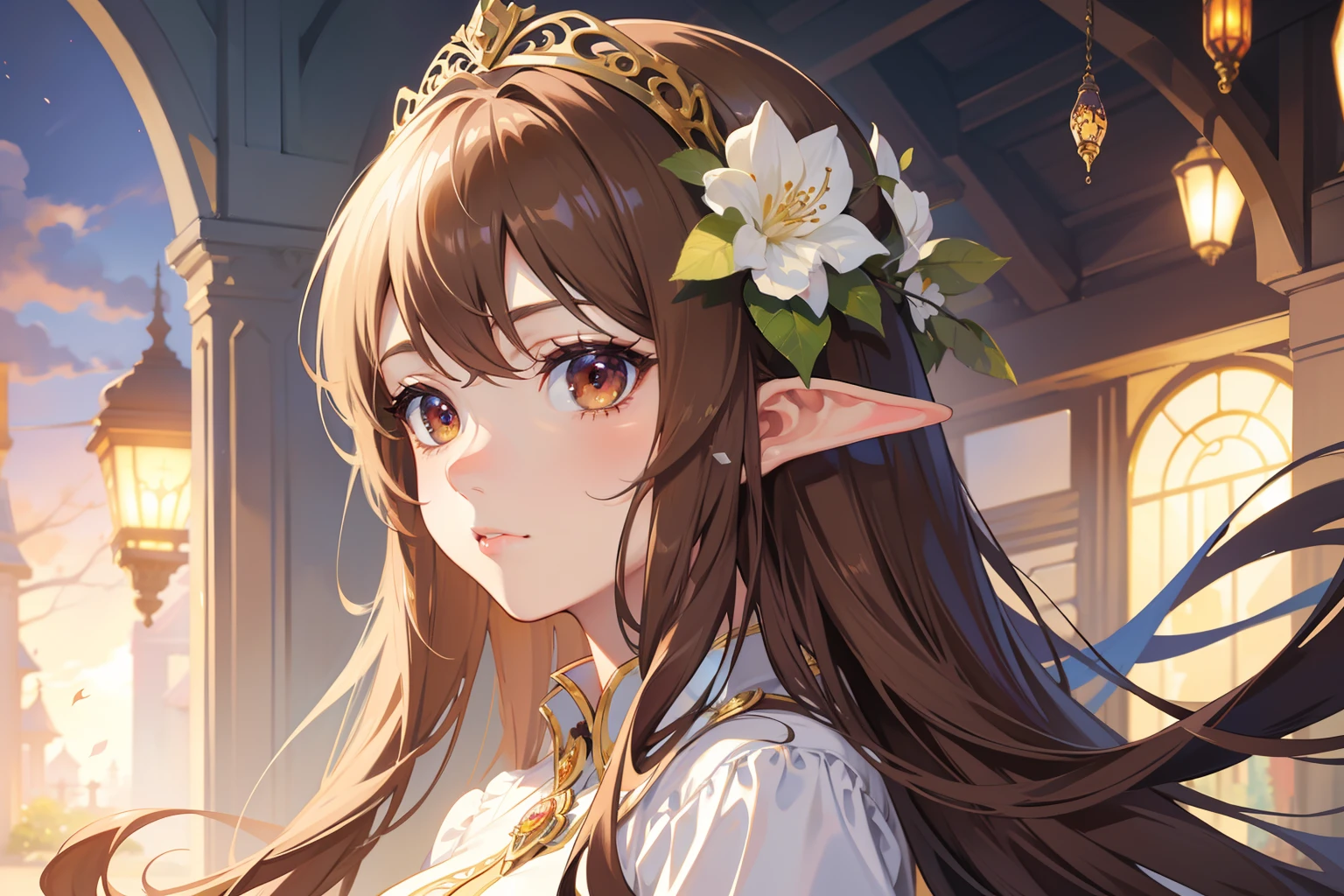 offcial art, female face,the elf, Long hair,pale brown hair , Brown eyes , in an art nouveau style , (tmasterpiece、top-quality、A high resolution: 1.4),8K, Painting of a woman with long light brown hair, anime art nouveau, highly detailed exquisite fanart, Anime fantasy illustration, clean and meticulous anime art, detailed anime art, Sharp focus, Delicate and beautiful hair,Eyes and face, hentail realism, ultra - detailed, a beauty girl, Flower garden,