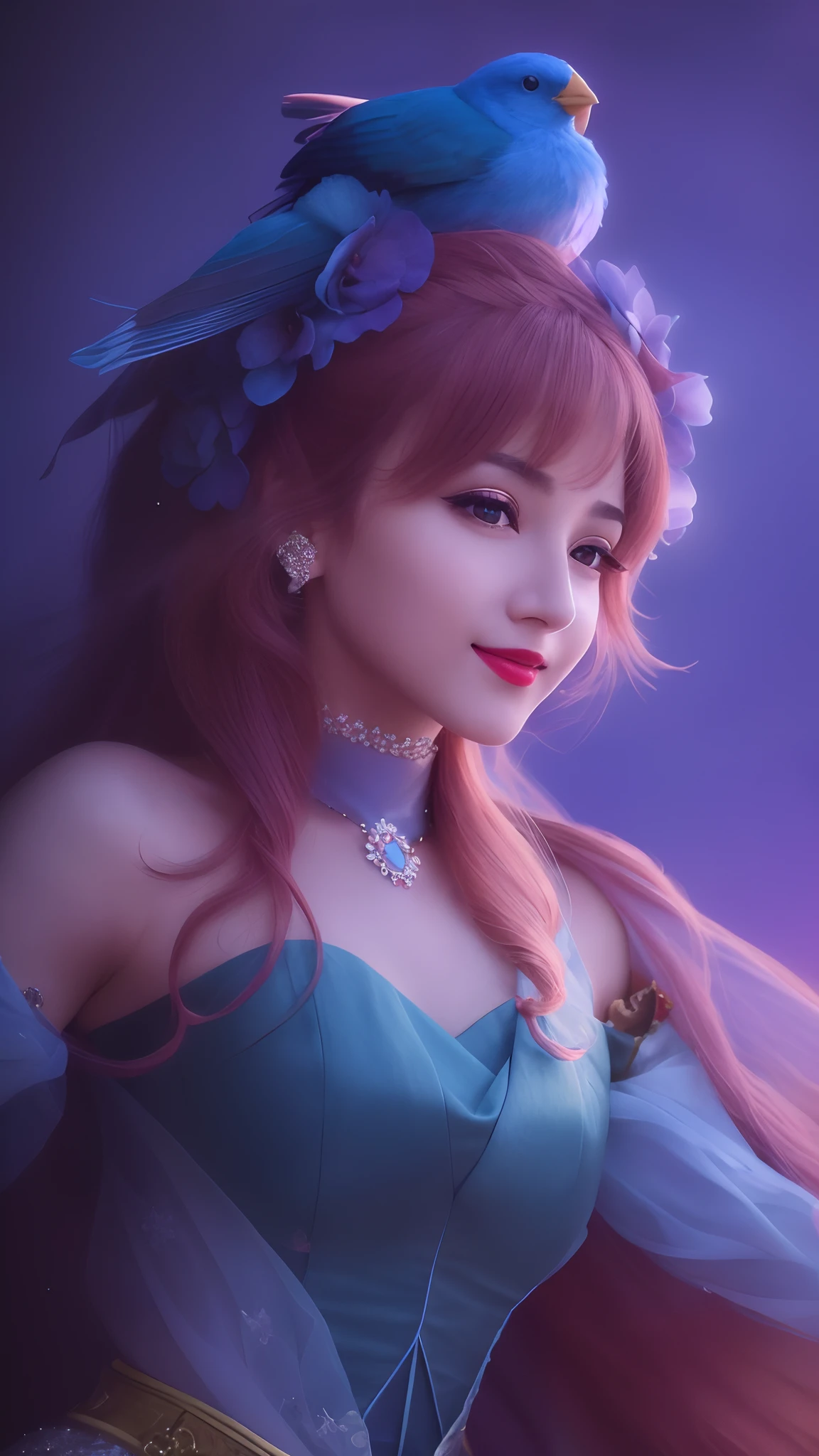 a close up of a woman with a bird on her head, high detail, beautiful face, very beautiful, 8K, 32K, ultra detail, extremely quality, best quality, cute nose, realistic, look ahead above, beautiful eye, eye detailed, closed smile lips, bitchy face, red lips, beautiful smile, slightly visible teeth