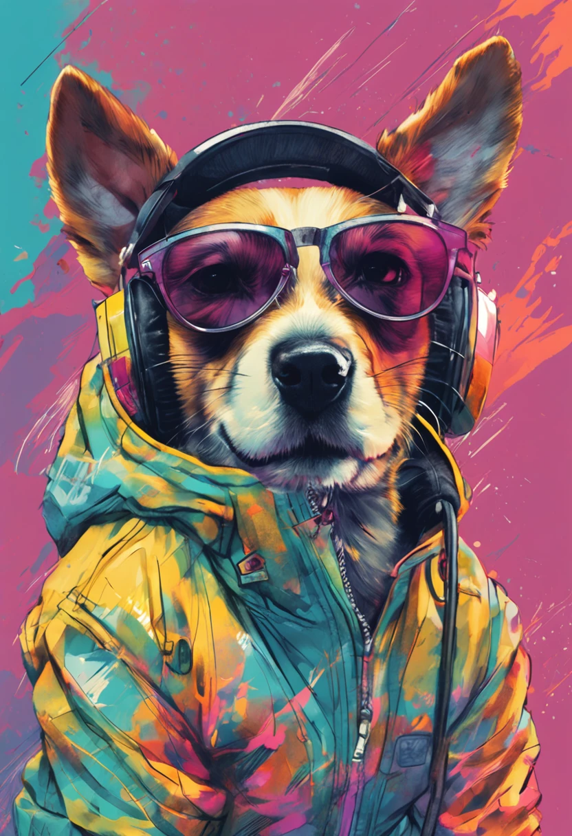 Perfect centering, A cute little dog, Wear a student team jacket, Wearing sunglasses, Wearing headphones, cheerfulness, Standing position, Abstract beauty, Centered, Looking at the camera, Facing the camera, nearing perfection, Dynamic, Highly detailed, smooth, Sharp focus, 8K, high definition resolution, illustration, Art by Carne Griffiths and Wadim Kashin, White background