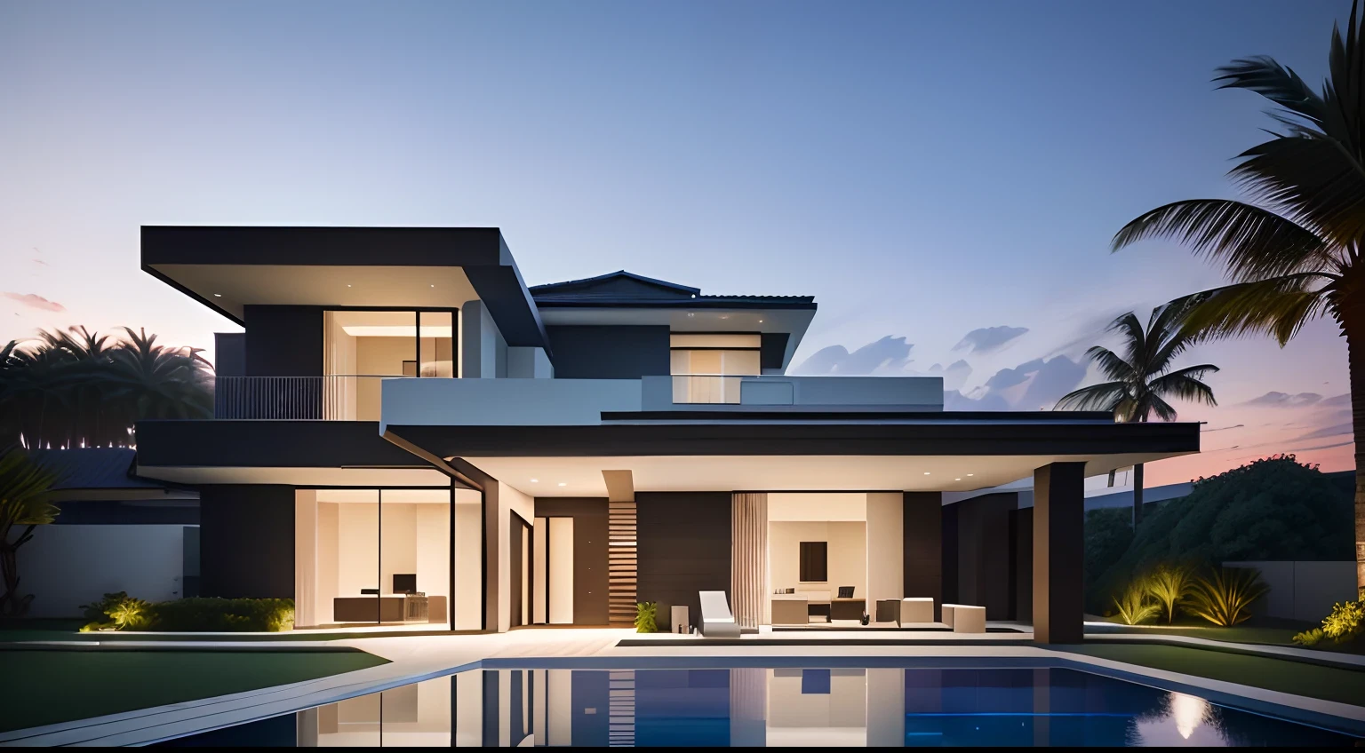 arafed modern house with pool and palm trees at dusk, large modern residence, contemporary house, high quality rendering, ultra modern, modern house, precise architectural rendering, architectural rendering, luxcore render, award-winning render, rendering, a photorealistic rendering, concept house, architectural visualization, 3d rendering, 3 d rendering, stunning render, modern setting