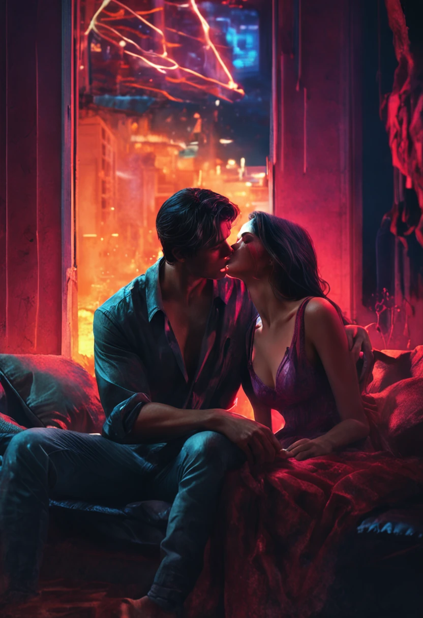 a girl sitting on the lap of a man with dark hair, Lea Seydoux, dark atmosphere, fantasy room, night, dusk, darkness, the room is dark, dark atmosphere, love, passion, kissing low light, nightgown, digital painting, digital illustration, extreme detail, digital art, 4k, ultra hd, by Michael Garmash, Ben Bauchau, Grishaverse universe, the Darkling