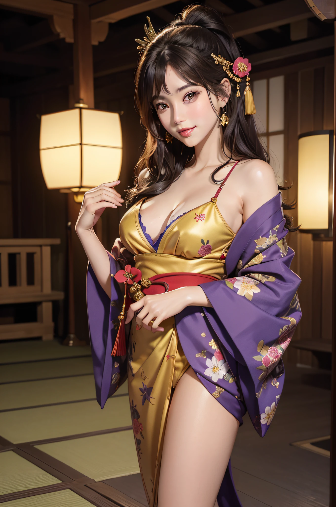 8k super-resolution、Beautuful Women、One lady、dark brown hair:1.1、hyperdetailed face、Detailed lips、significant、（Eyes are in focus）、二重まぶた、Eyes of the Princess、 beautfull Japanease woman、Beautiful Japan courtesan、You Guo、Lying in a tatami room、 sensual lip、Bewitching body、bewitching poses、Chest glimpse、Bust Size 82、8 class large、Strike a balance、standing at front、in her 20s、Perspective、Lovely smile, Detailed and glossy Japan kimono in black-red-yellow-purple-gold color、Ultra-realistic and detailed floral pattern and shiny knots、Sharp Images、Detailed eye shine、(Wear nice Japanese pattern geta)、Natural hand shape、((Full-body standing figure))、