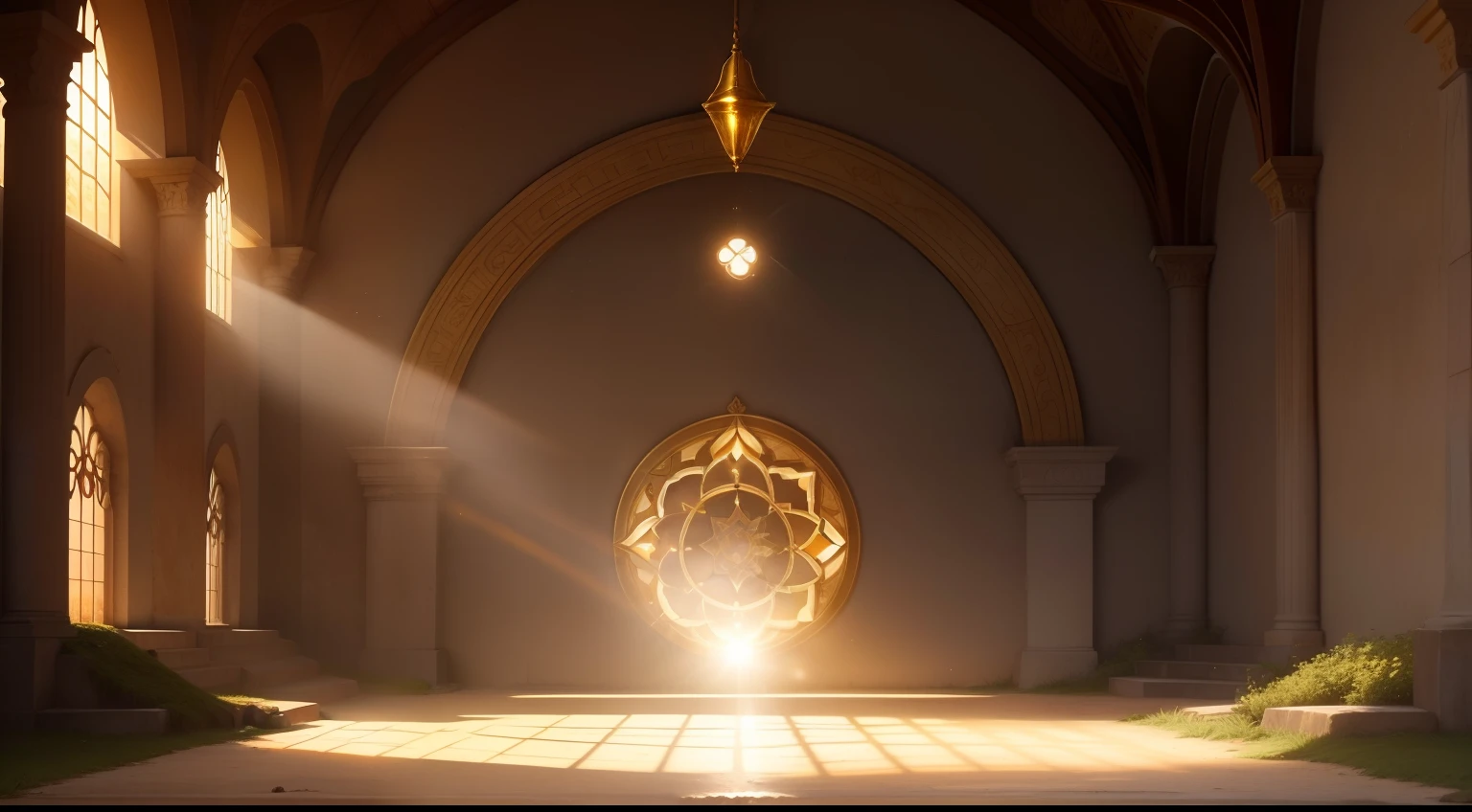 "Gere uma imagem de um sol poente sobre um campo aberto, where the golden light illuminates a symbolic space for connection with God."