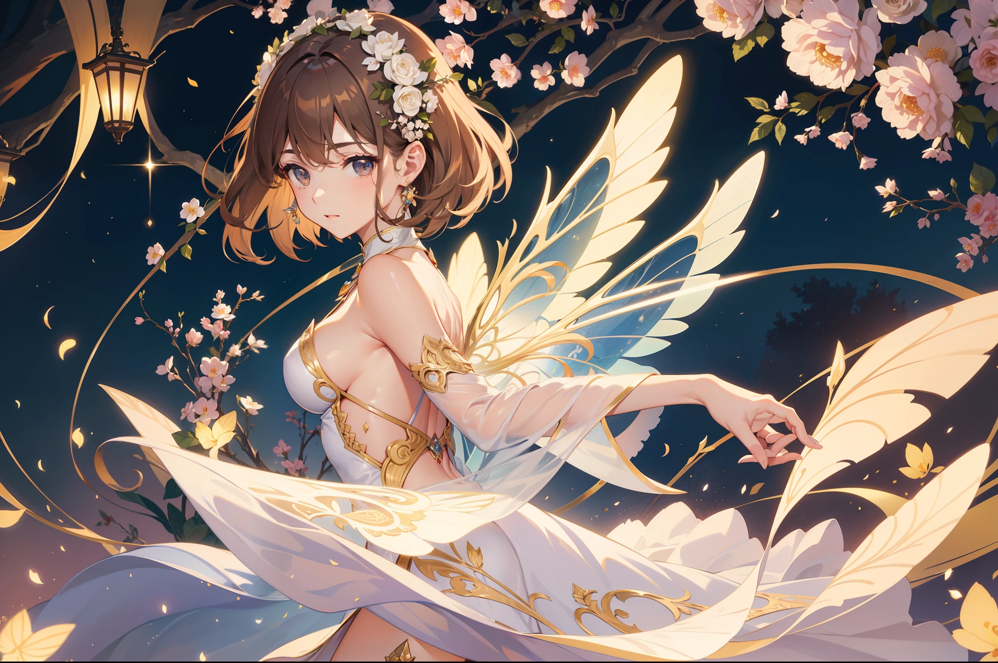 Official Art, Masterpiece European female face,elvish, short hair, lightbrown hair , brown eyes , jugendstil , (masterpiece、top-quality、hight resolution: 1.4),in 8K, Drawing of a woman with short lightbrown hair, Anime Art Nouveau, highly detailed exquisite fanart, anime fantasy illustration, clean detailed anime art, detailed anime art, Sharp Focus, Delicate Beautiful Hair and Eyes and Face, realisitic, ultra-detailliert, a beauty girl, flower garden, symetric fairy wings on the back,