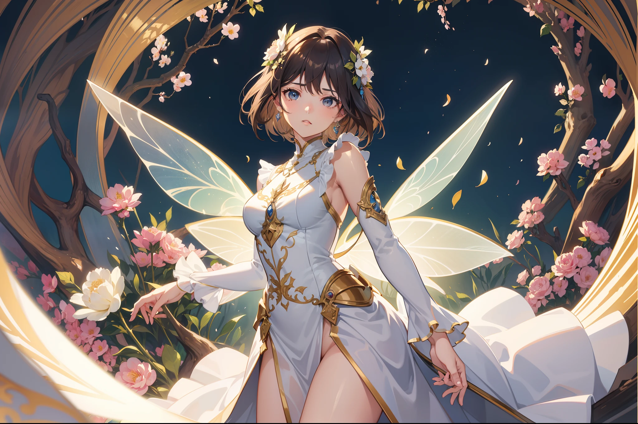 (black hair:1.2),(Odango Hair:1.3),(With bangs:1.25),(straight hair:1.1),(red eyes:1.4),(Eye size:1.5),(Accessories with flower motifs:1.3),(One piece made of smooth material:1.3),(sheer sleeve:1.35),(White corset:1.25),(asymmetric hem skirt:1.4),(fluffy pants 1.35),(gladiator shoes:1.25),(Background full of blooming flowers:1.5),(blush),(cute smile:1.3),(small breasts:1.6),(close up of face:1.25),(elf ears:1.2),(transparent wings like a fairy:1.4),(Night sky with extra large full moon:1.25),(Graceful dance:1.6),(gold luxury frame:1.6),