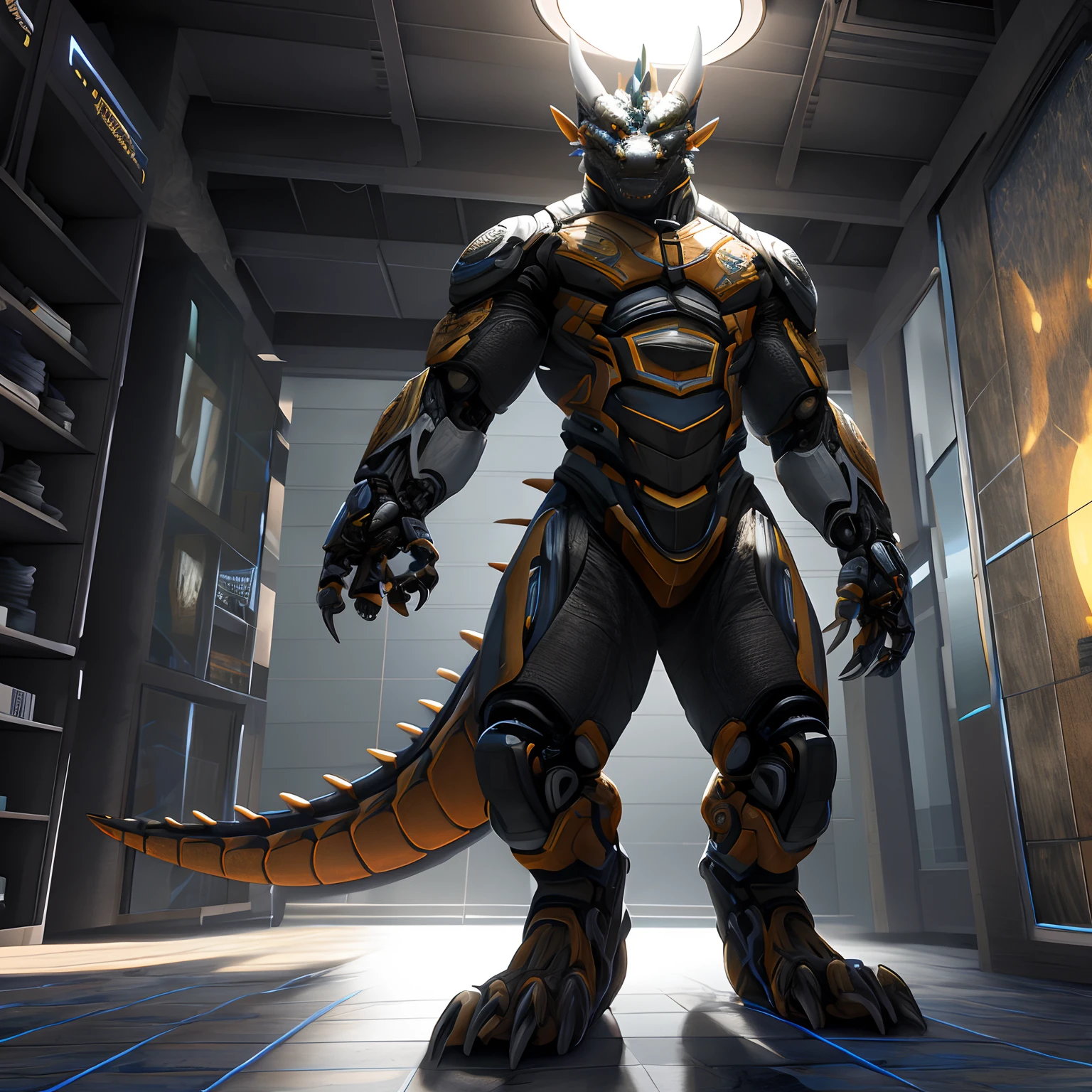 An advanced bionic mech, cybrog, anthro, dragon, male, full body, Delicate face, Delicate eyes, 1 tail, (glowing LED), energy, digitigrade,Standing on the tiles in the apartment， extremely detailed CG unity 8k wallpaper, realistic, masterpiece, highest quality, lens flare, unreal engine, trending on ArtStation, Intricate, High Detail, dramatic, realism, Sandals