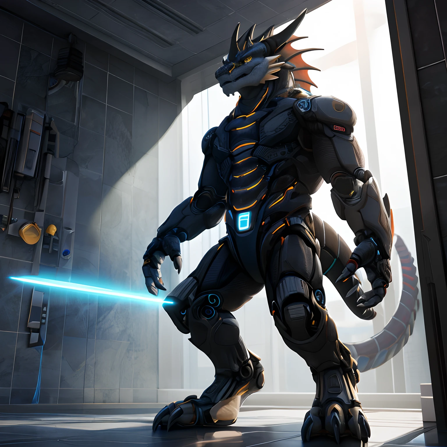 An advanced bionic mech, cybrog, anthro, dragon, male, full body, Delicate face, Delicate eyes, 1 tail, (glowing LED), energy, digitigrade,Standing on the tiles in the apartment, extremely detailed CG unity 8k wallpaper, realistic, masterpiece, highest quality, lens flare, unreal engine, trending on ArtStation, Intricate, High Detail, dramatic, realism, Sandals