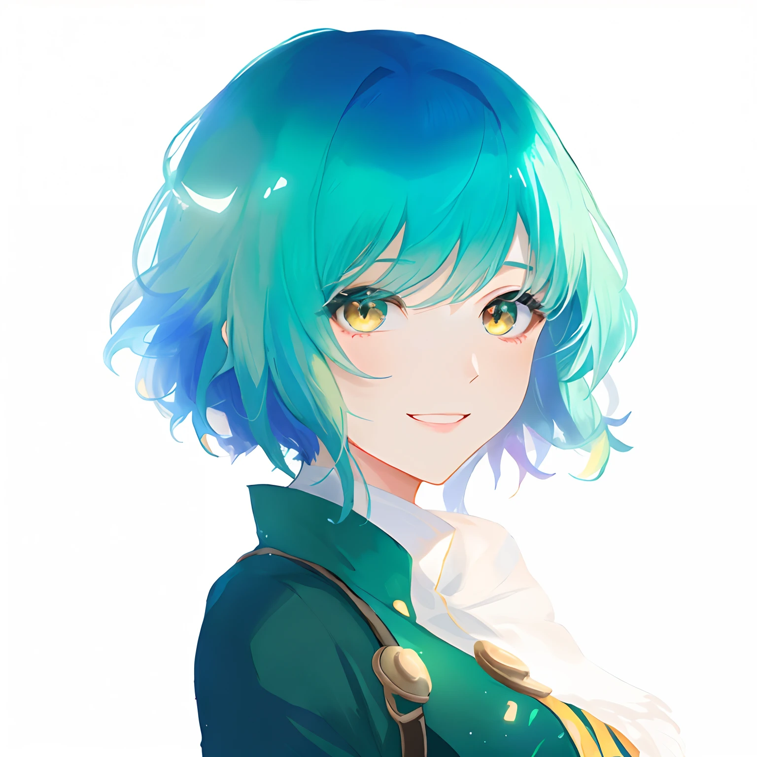 (((Balanced))), Sharp 4K,Lady with blue-to-green hair and glowing brown eyes dressed as a fortune teller,One Adult Lady、 Lady of the Bob Cut Anime,Gentle expression、Gentle smile、Fantasia、 portrait knights of zodiac girl,made with anime painter studio, Beautiful Anime Portrait, anime style portrait, Portrait of a cute anime lady, Portrait of a lady in anime, Crisp and clear full-body portrait, Portrait of a cute anime lady,Place is a water planet、Daylight hours、You can see the clouds behind you and an island floating in the sky.、Glitter effect in the sky、