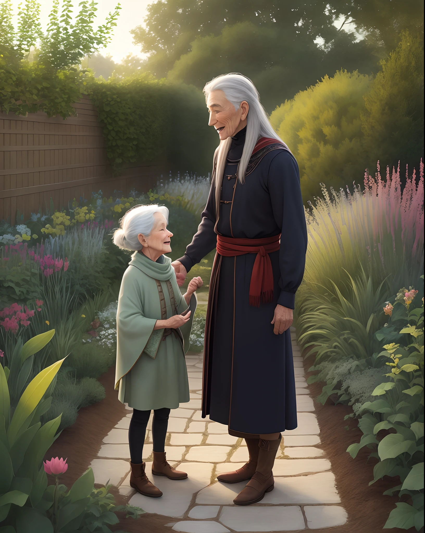 Young and old sage talking in the garden