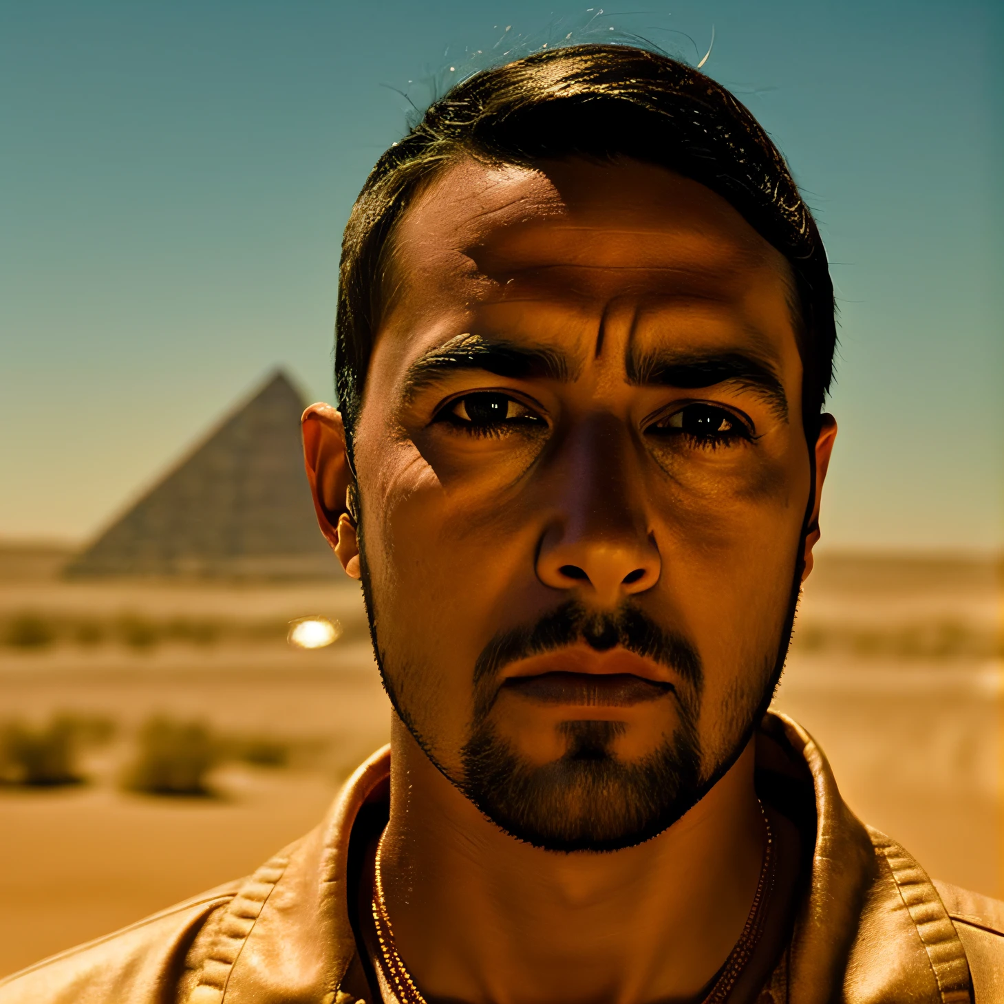 (35mmstyle:1) a close up film still face portrait of a futuristic man, a beautiful desert with futuristic pyramids is in the background out of focua, Cool, desaturated, brown