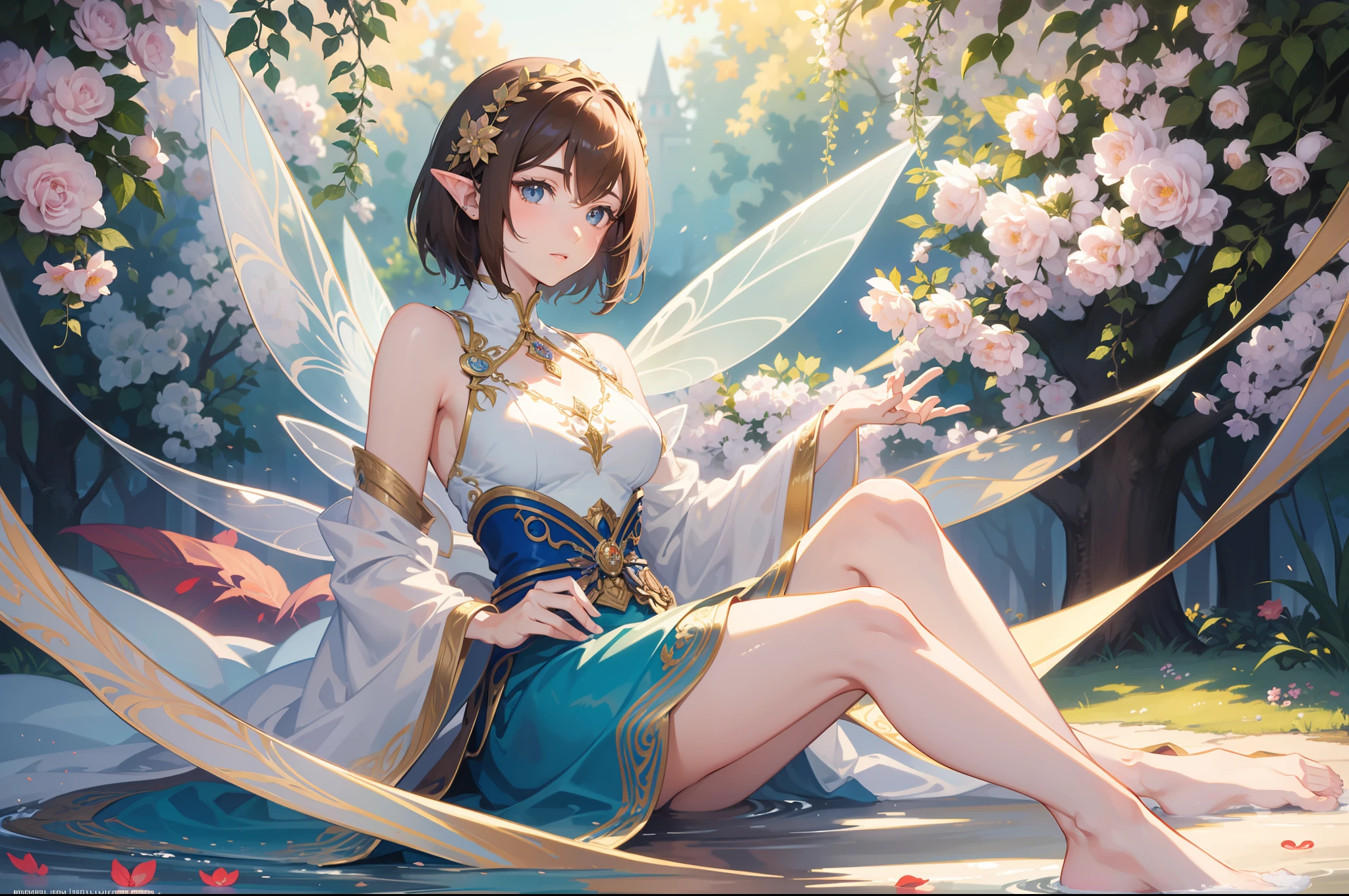 Official Art, Masterpiece European female face,elvish, short hair, lightbrown hair , brown eyes , jugendstil , (​masterpiece、top-quality、hight resolution: 1.4),in 8K, Drawing of a woman with short lightbrown hair, Anime Art Nouveau, highly detailed exquisite fanart, anime fantasy illustration, clean detailed anime art, detailed anime art, Sharp Focus, Delicate Beautiful Hair and Eyes and Face, realisitic, ultra-detailliert, a beauty girl, flower garden, symetric fairy wings on the back,