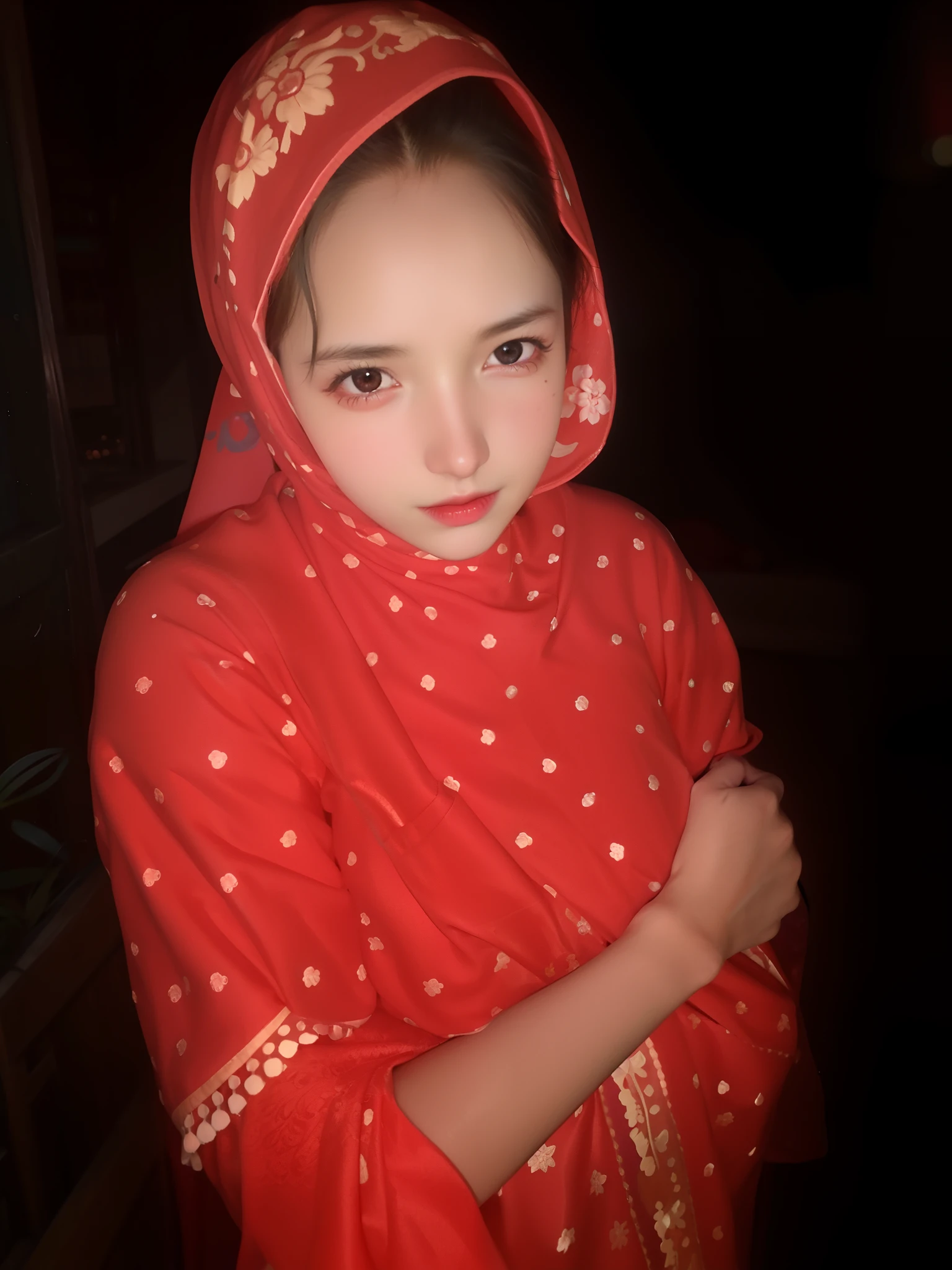 Cute girl change the background realistic face 4K wallpaper cute handsome girl woman in red shawl with red head scarf, photo of the girl, at night time, very very low quality picture, at nighttime, photo taken at night, taken in the night, she is about 1 6 years old, at night, young female, she is facing the camera, taken with the best dlsr camera, young girl, during night