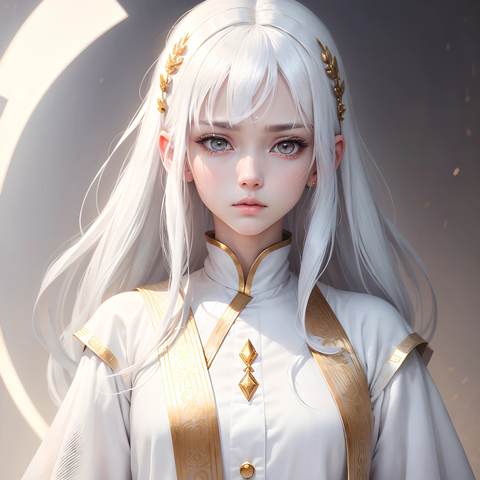 best quality, masterpiece,white hair, gold eyes,white clothes, looking up, upper body,hair strand,Fair skin,side braids