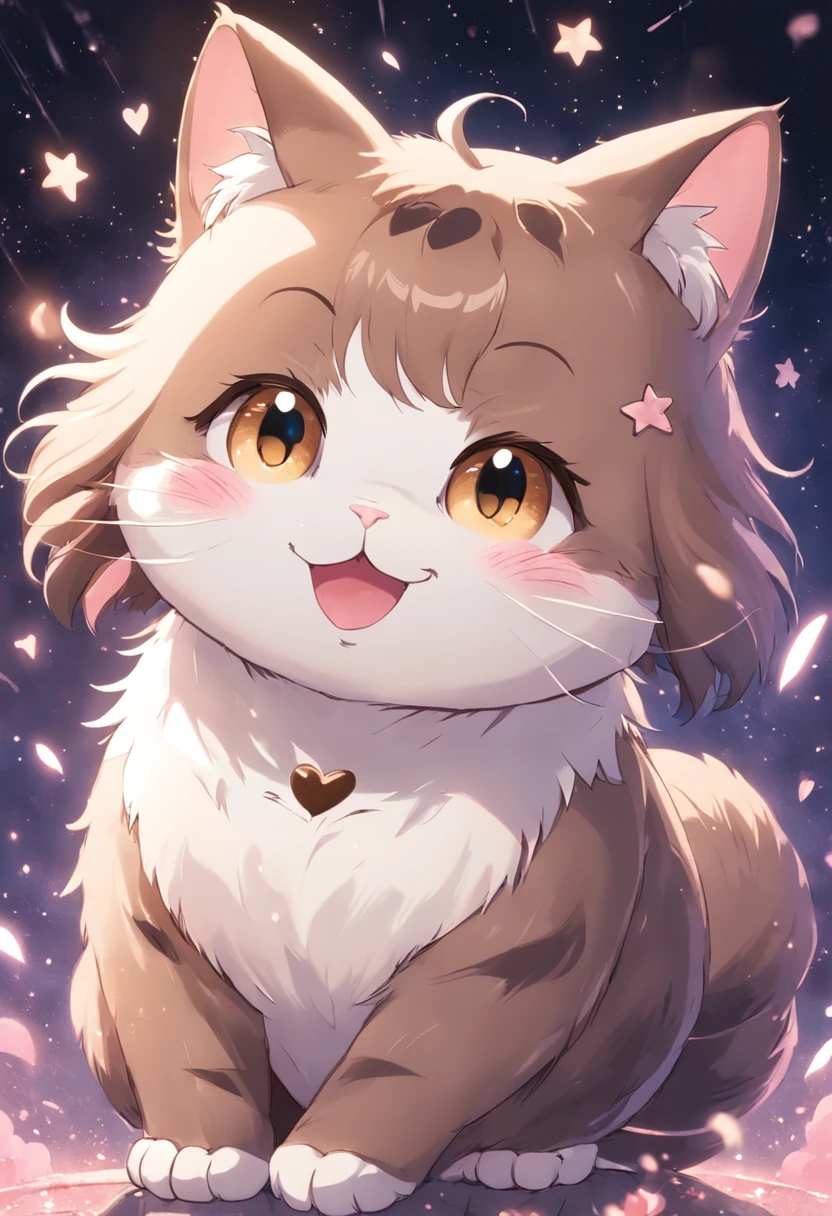 In the shape of a heart、Draw a brown-white bee cat smiling and squinting。cats have a small and round body,、Completely in the heart。The background is pink、Small stars and glitter scattered around the cat。