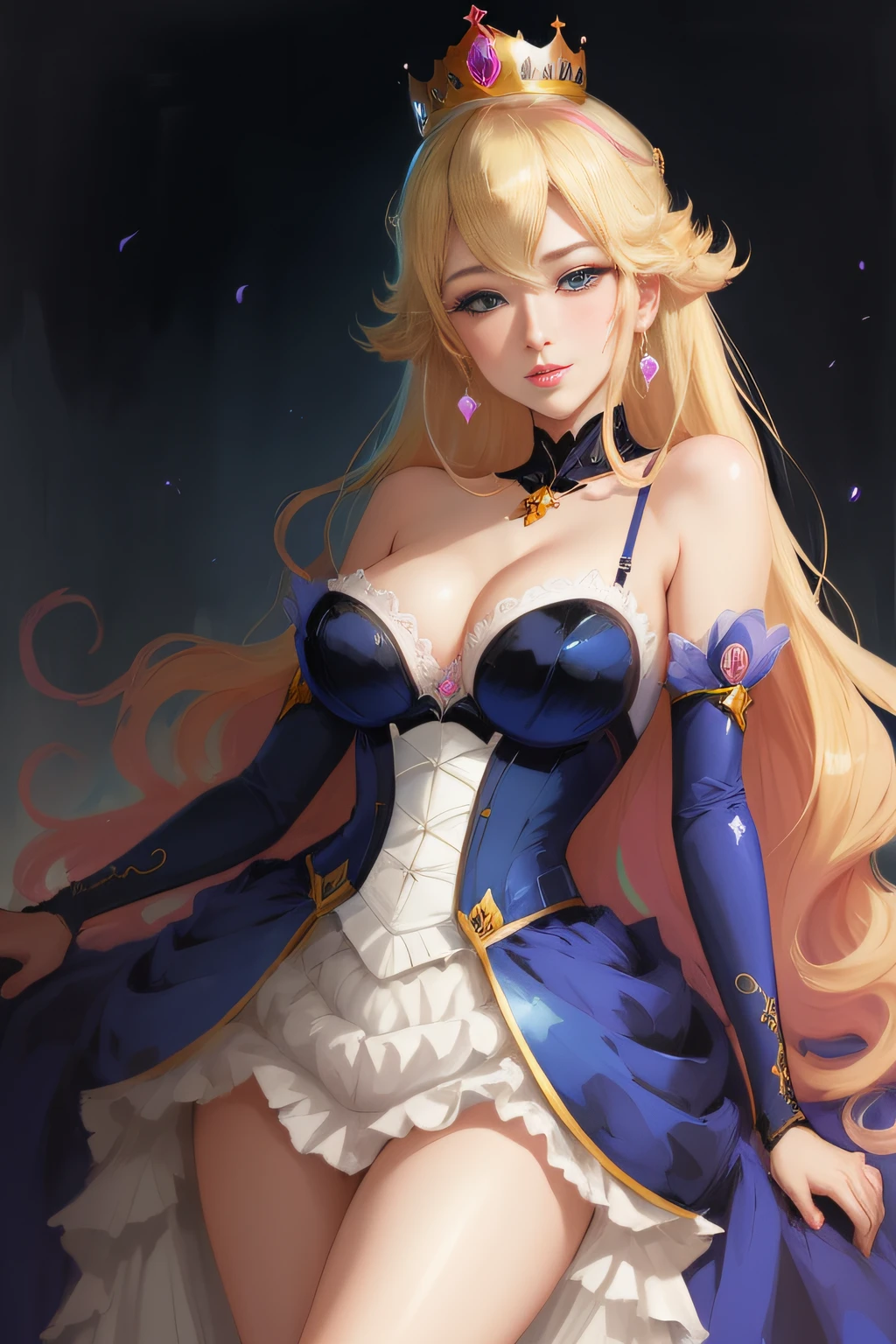 princess peach, blue eyes, sexy dress, classy, black background, slick, cleavage, crown, laced bra, blonde, alluring, seductive, (2d cute anime:1.3), Vixip, pastel background, design by Yusuke Kozaki, oil by Gregory Manchess; stunningly alluring, teasing, beautiful, Hand drawing illustration. highly detailed. Cinematic lighting. By sumic.mic