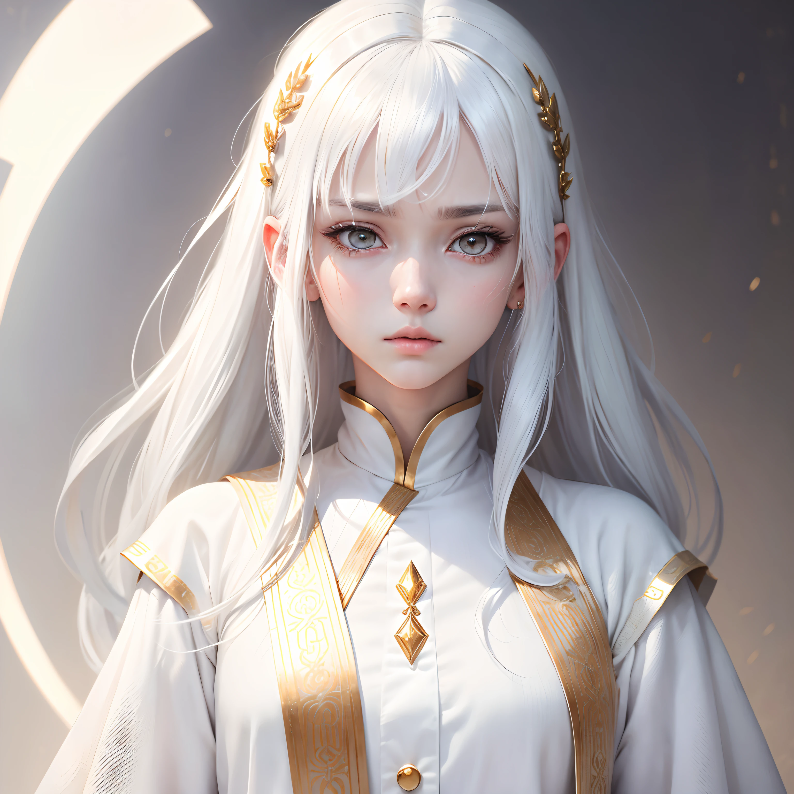 best quality, white hair, gold eyes, white clothes, looking up, upper body, hair strand, Fair skin, Troubled face
