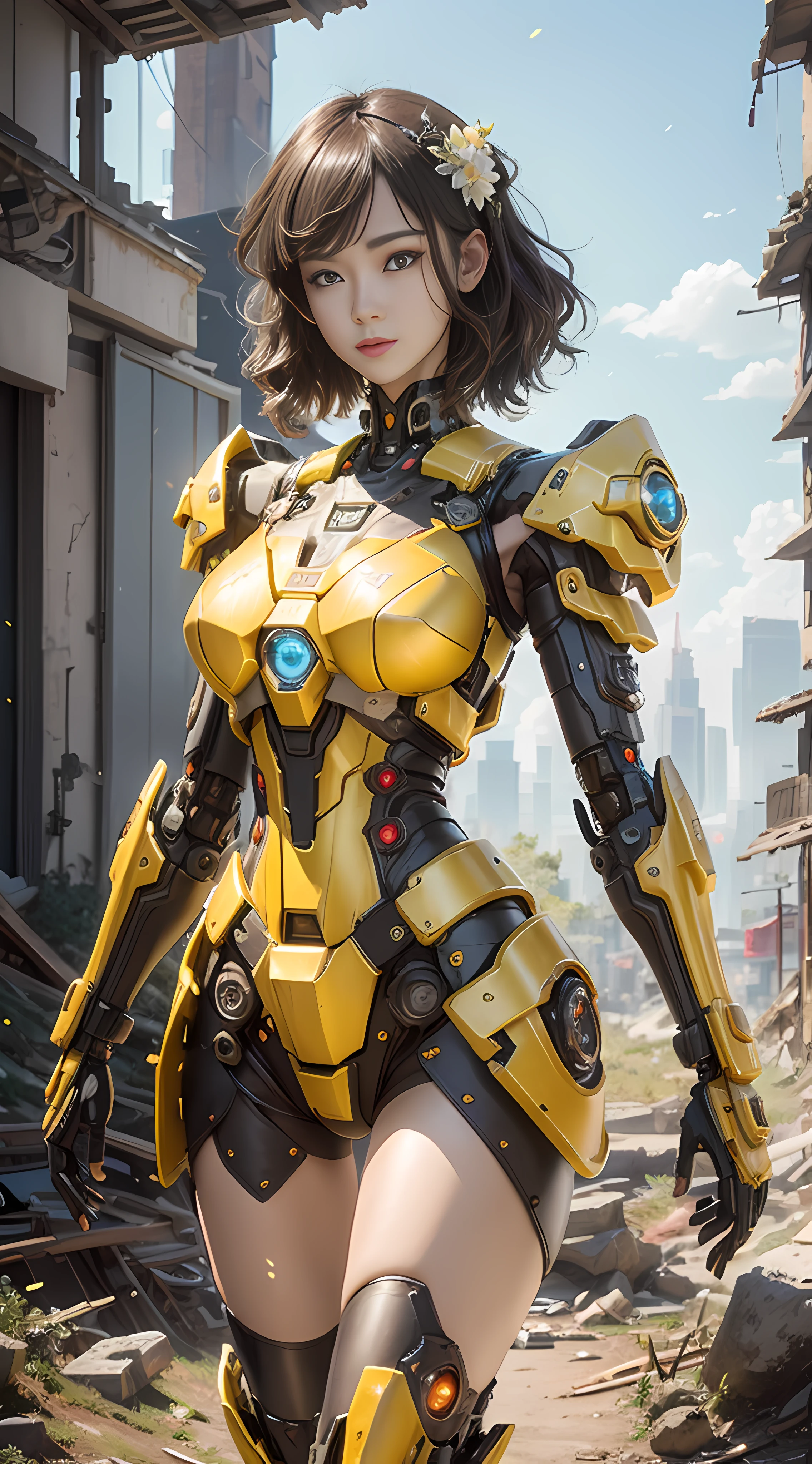 Realistic, masterpiece, best quality, colorful, (fine beautiful eyes and detailed face), natural lighting, extremely detailed CG Unity 8k wallpaper, ((masterpiece, best quality)), illustration, ultra-detailed 8K, realistic, clear focus, highly detailed, professional lighting, colorful details, rainbow colors BREAK factory super long shot, large mechanical robot build, microchip, computer, luminescence, intricate details, 1girl standing in front of the audience