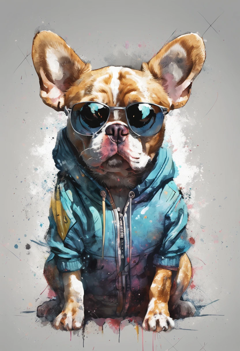 Perfect centering, A cute little french bull dog, Wear a student team jacket, Wearing sunglasses, Wearing headphones, cheerfulness, Standing position, Abstract beauty, Centered, Looking at the camera, Facing the camera, nearing perfection, Dynamic, Highly detailed, smooth, Sharp focus, 8K, high definition resolution, illustration, Art by Carne Griffiths and Wadim Kashin, White background