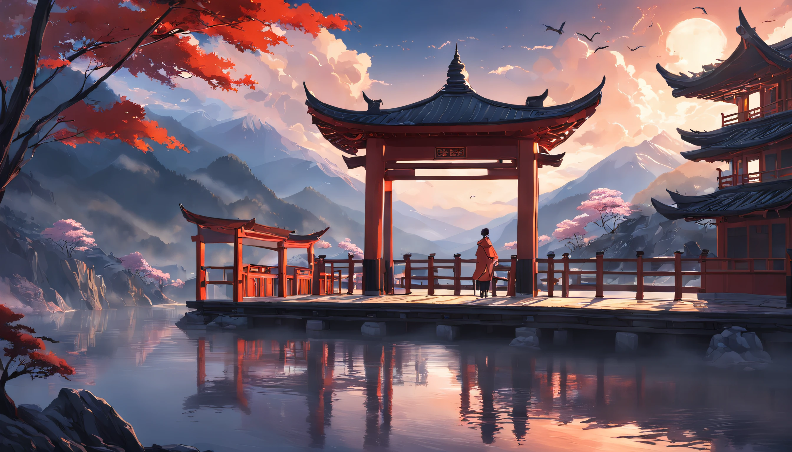 atmospheric perspective, cinematic lighting, award winning, best quality, 16k,Mountains and rivers, Pine, pergola, Small Chinese architecture, Red-crowned crane, A beautiful sky, Cloud,
