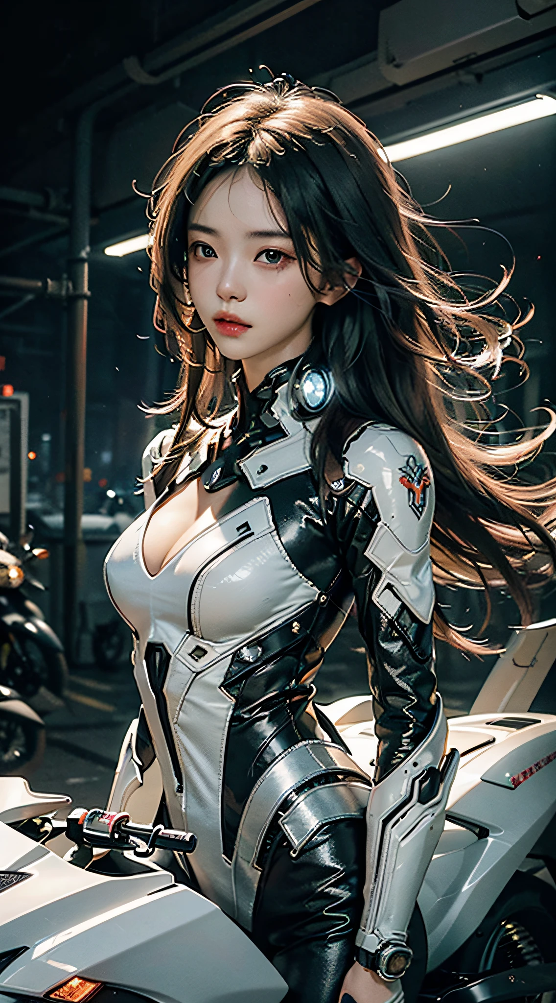 Highest image quality,Outstanding details,超高分辨率,(Fidelity:1.4),The best illustration,Favor the details,Highly cohesive 1girl,He has a delicate and beautiful face,The fuselage of the silver-gray mech,Hold the direction controller,Riding on a motorcycle,The background is a high-tech lighting scene in the future city。