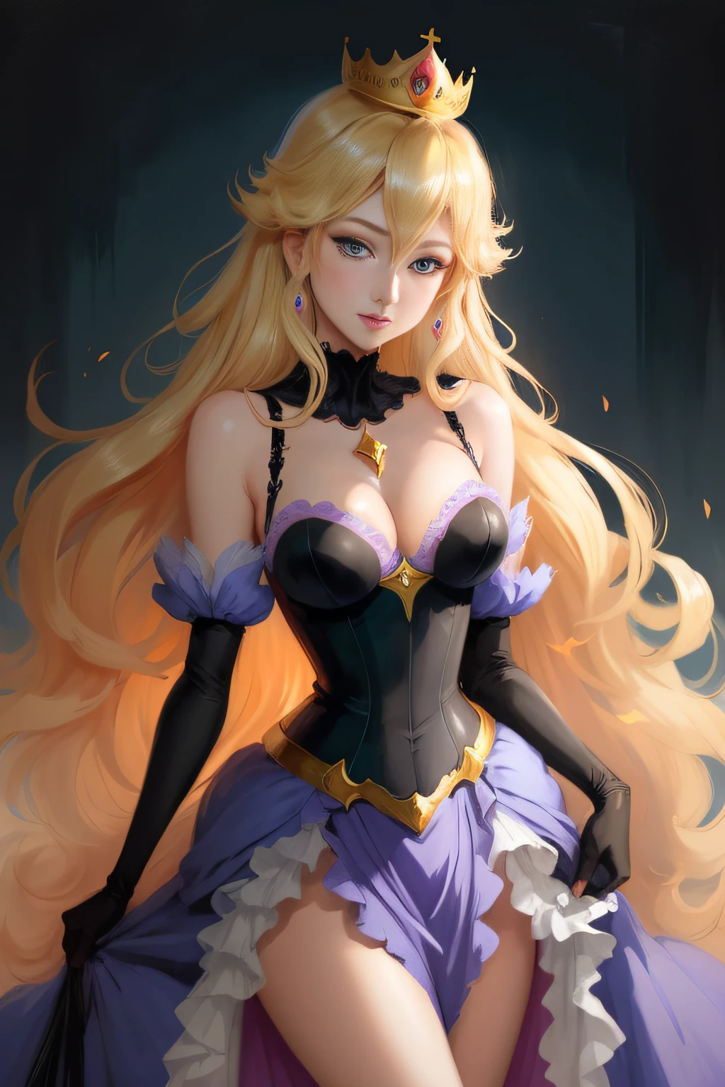 princess peach, blue eyes, sexy dress, classy, black background, slick, cleavage, crown, laced bra, blonde, alluring, seductive, (2d cute anime:1.3), Vixip, pastel background, design by Yusuke Kozaki, oil by Gregory Manchess; stunningly alluring, teasing, beautiful, Hand drawing illustration. highly detailed. Cinematic lighting. By sumic.mic