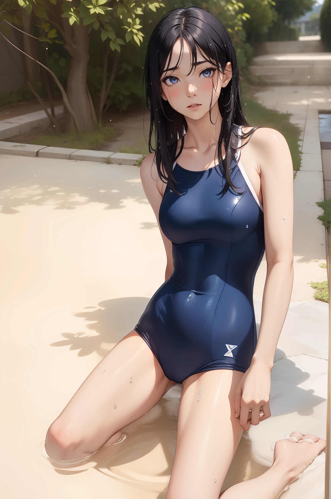 ((top-quality))、((masterpiece))、1girl in、Formal-up、beautiful detailed eyes and face、pretty skin、Realistic、a very cute、22year old、School swim wear(Dark blue color、Simple design、Matte texture、Wrinkle、Wet、Polyester material、shadings、)Wet body、Anime Face、Beautie、Facing the front、big eye(Beautiful fece、Anime Face、Clear eyes、Fine details、beautidful eyes)Well-formed face(Beautiful nasal muscles、Perplexed、sharp mouth)full of sweat、sodden、Wet feeling、Background with(sunny sky、takeout)、8K picture quality、perfectly proportions、A slender、red blush、female focus on, hair adornments,length hair, Look at viewers,((pee))((pissing))((Water droplets))