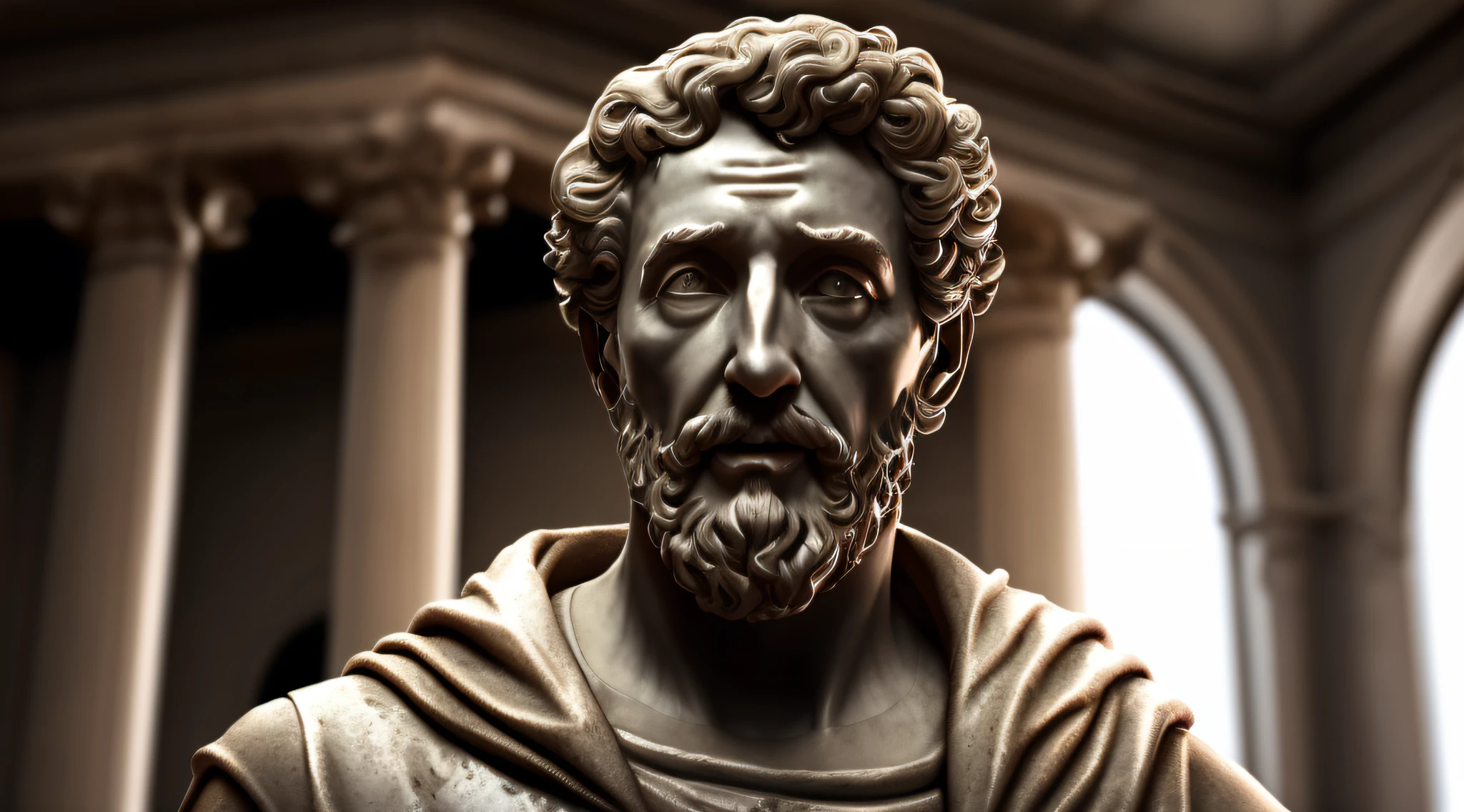 Marcus Aurelius, Close-up of a classical wise Greek philosopher, Statue in a temple, Postura estoica, deus grego, wisdom, cinematic feel, Preto e branco, ultra realistic, Ultra detalhado e artesanal em todos os aspectos, Escuro,  (8k, Foto RAW, melhor qualidade, master part: 1.2), (Realistic, fotorrealista: 1.37)