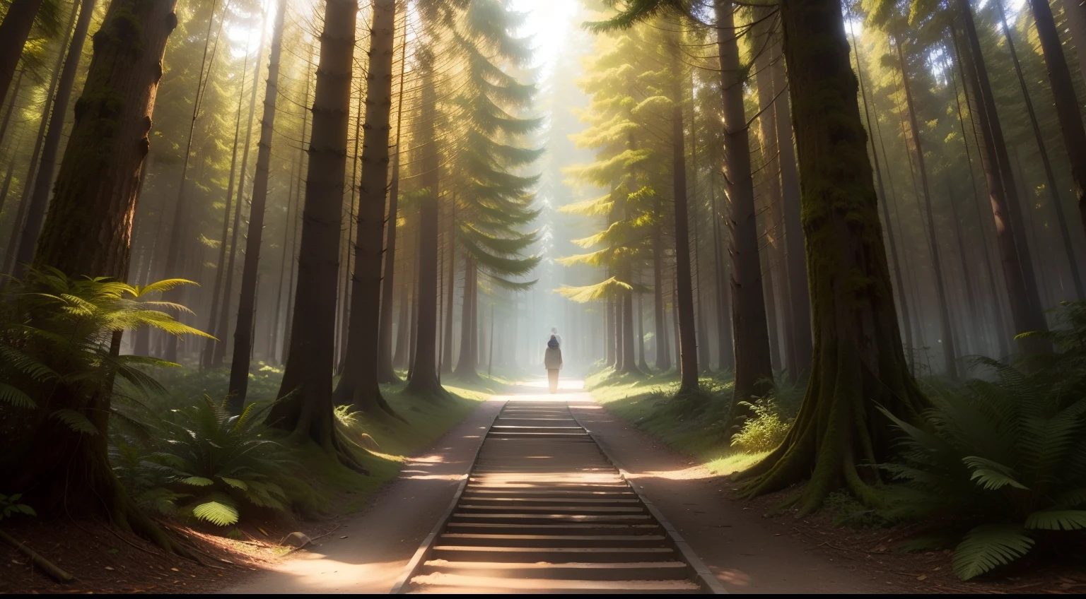 Create an image of a narrow path between tall trees, levando a uma clareira onde a luz do sol brilha, representing a spiritual journey and devotion.