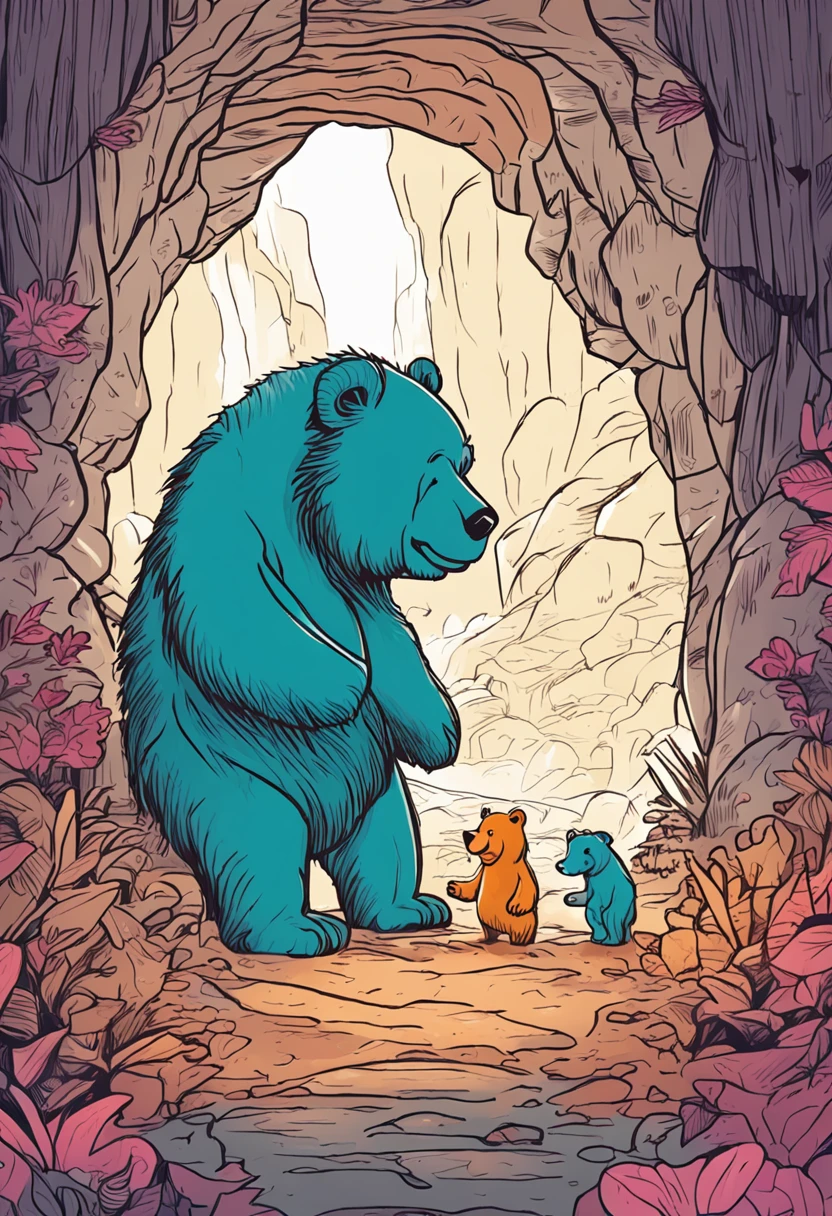 Finalmente, They reached the entrance of the cave. Era um lugar escuro e um pouco assustador, But they didn't give up. They looked at each other courageously and held hands. "Vamos entrar com cuidado", said Winnie the Bear with determination.