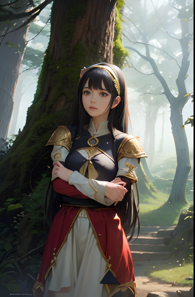 top-quality,masterpiece,超A high resolution,(photographrealistic:1.4), 1girl in,horseshoe-shaped hairband, Old castle , myth , the woods ,