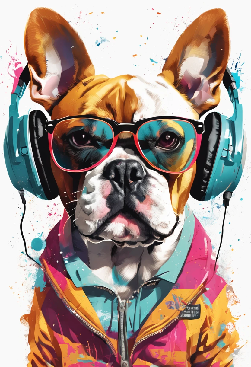 Perfect centering, A cute little french bull dog, Wear a student team jacket, Wearing sunglasses, Wearing headphones, cheerfulness, Standing position, Abstract beauty, Centered, Looking at the camera, Facing the camera, nearing perfection, Dynamic, Highly detailed,  smooth, Sharp focus, 8K, high definition resolution, illustration, Art by Carne Griffiths and Wadim Kashin, White background