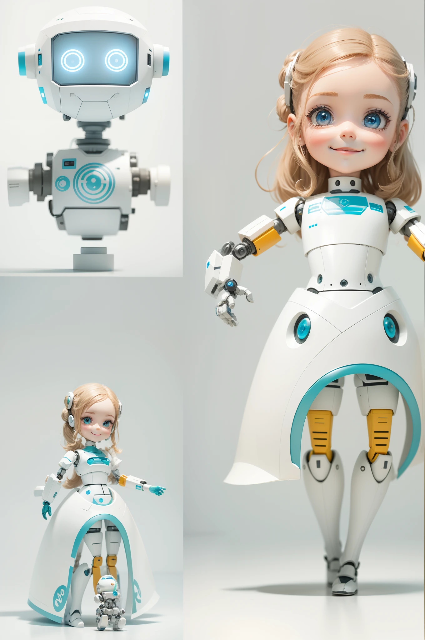 construye un robot, gracioso, Doll appearance, el robot es una doctora, le tienes que poner detalles como una jeringa, un fonendoscopio. que se vea de cuerpo entero, smiling at the camera on a white background. ((8k)) Advertising Studio Lighting