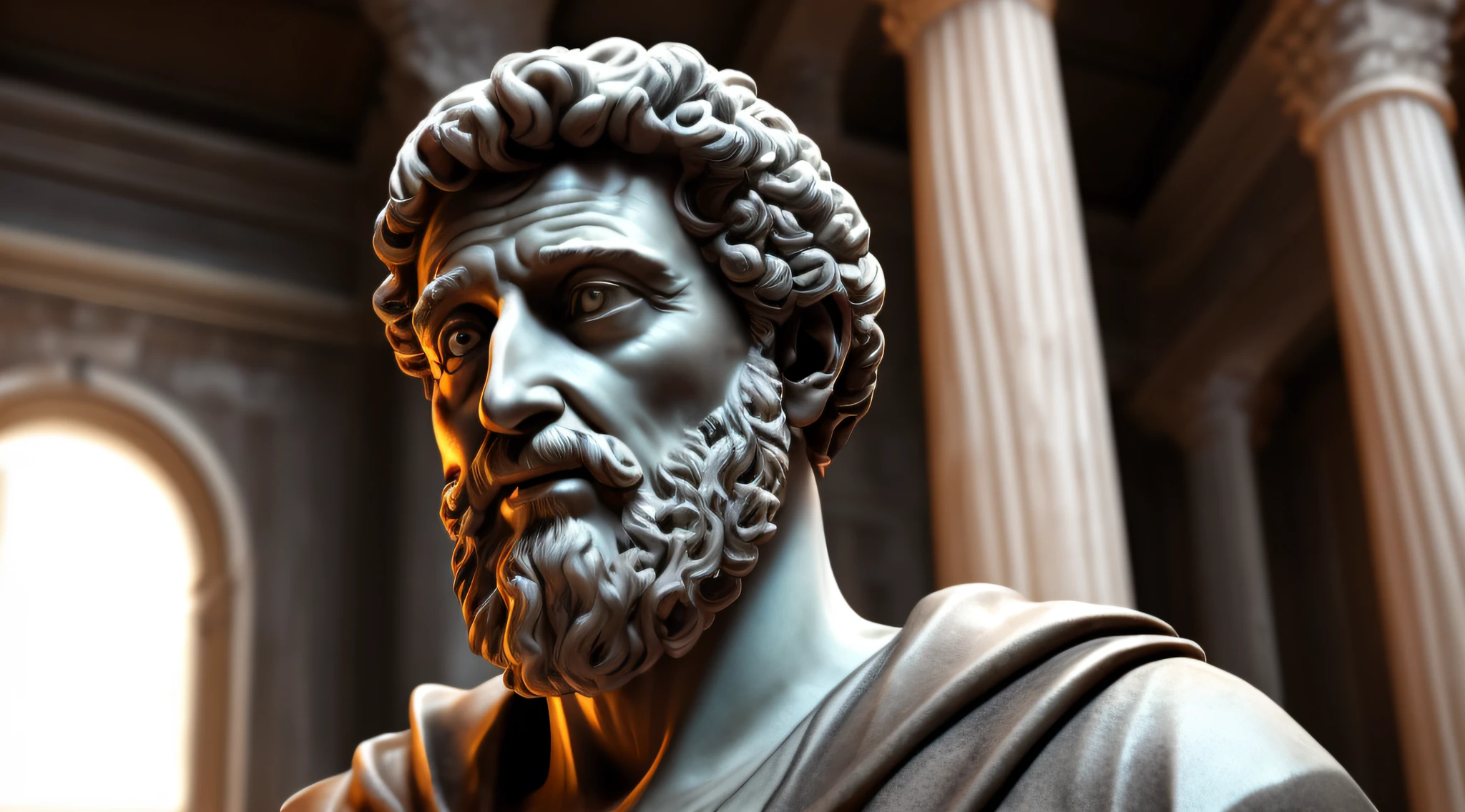 Marcus Aurelius, Close-up of a classical wise Greek philosopher, Statue in a temple, Postura estoica, deus grego, wisdom, cinematic feel, Preto e branco, ultra realistic, Ultra detalhado e artesanal em todos os aspectos, Escuro,  (8k, Foto RAW, melhor qualidade, master part: 1.2), (Realistic, fotorrealista: 1.37)