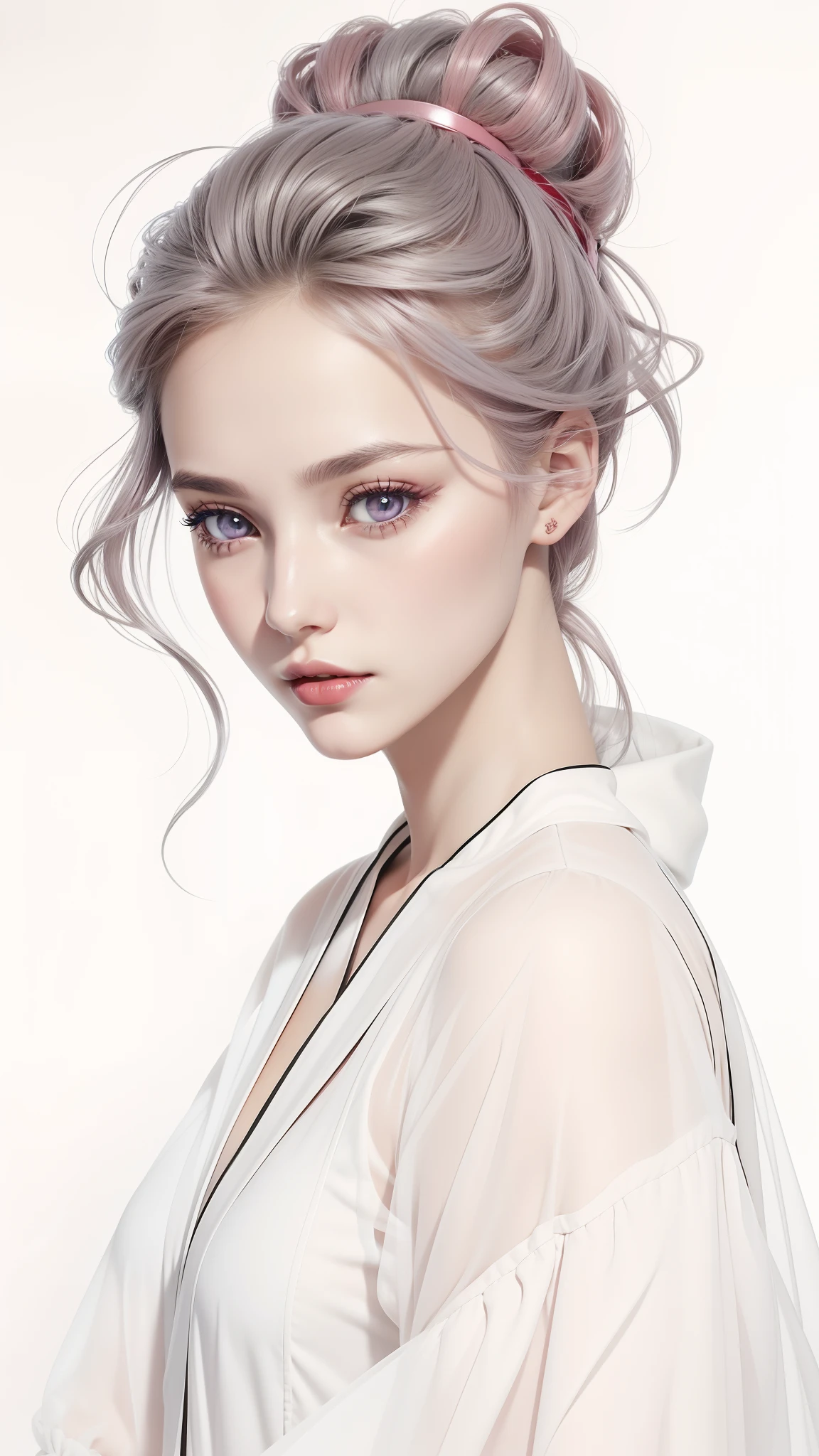 (Bright brown pupils:1.4),with fair skin,(Red glossy lipstick:1.4),Broken flowers transparent pink clothes,high-definition HD,gray-white hair,Loose hair,