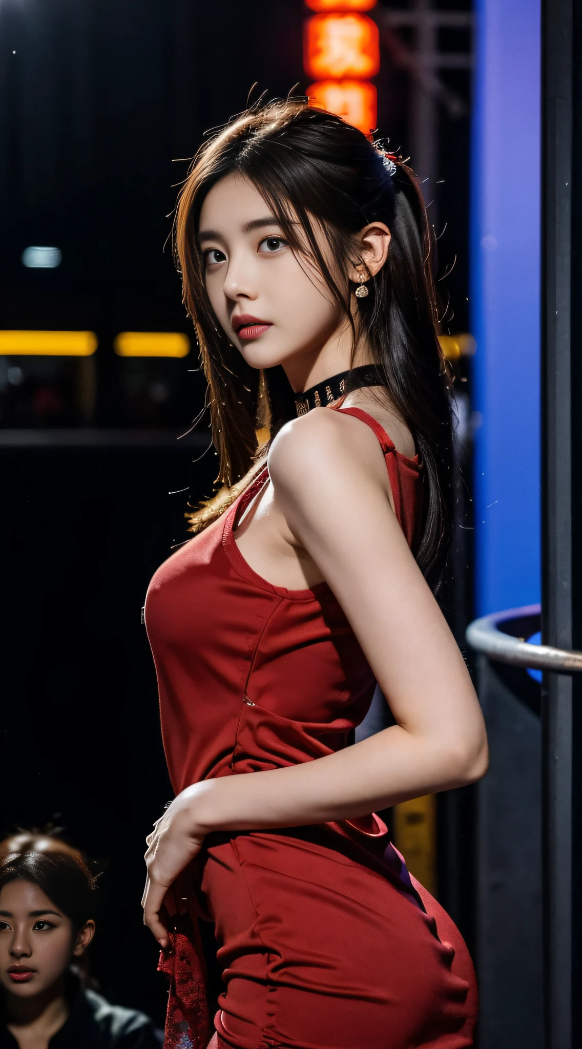 8K,tmasterpiece,RAW photos,best qualtiy,the detail:1.2),hentail realism,Very detailed CG unified 8k,8K,Diamonds and wallpapers,depth of fields,Motion picture film light,Lens flash,Light Tracking,(very pretty look face,beautifullips,beautidful eyes),intricate detail face,((Hyper detailed skin))1girll,Korean female model,Dark night in the dark,deepshadow,Pretty Korean girl,Kpop idol,(Very slim and slender muscular body:1.3),(View the audience),(Tight miniskirt),(Red dress),(Injection sleeve),(City Night,(neon lights sign),(the night),Beautiful Korean girl earrings,bangle,choker necklace,Lace-up pantyhose,Clear eyes,Walk,(paleskin),Face forward,(largeeyes),((upperbody shots)),tightly dress,Silk dress,Lace-up dress,see through dresses,Turning around,back shots,Very slim,slander,slander