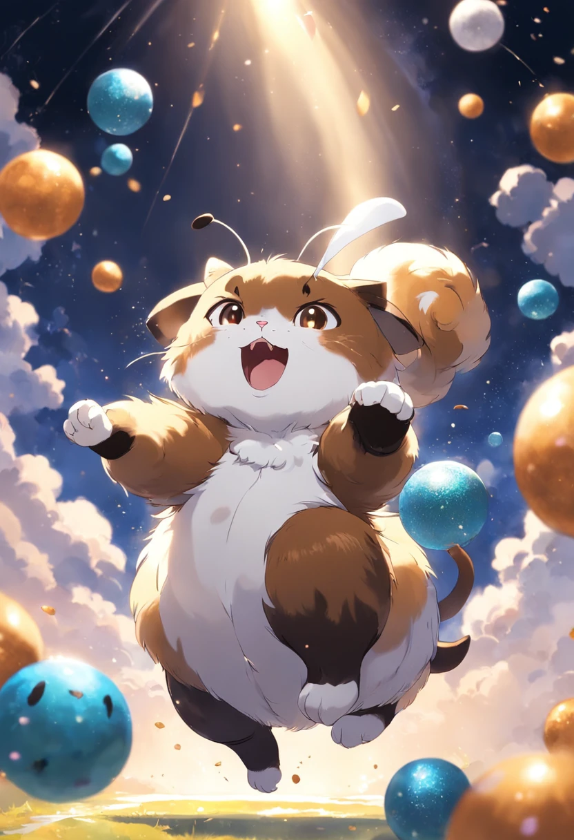 Brown and white bee cat、Draw a picture of playing with a small multicolored ball rolled with its front paws。The cat's expression is a mixture of surprise and excitement.、The way he chases the ball is very cute.。The background is pale blue、There is a glitter around the ball