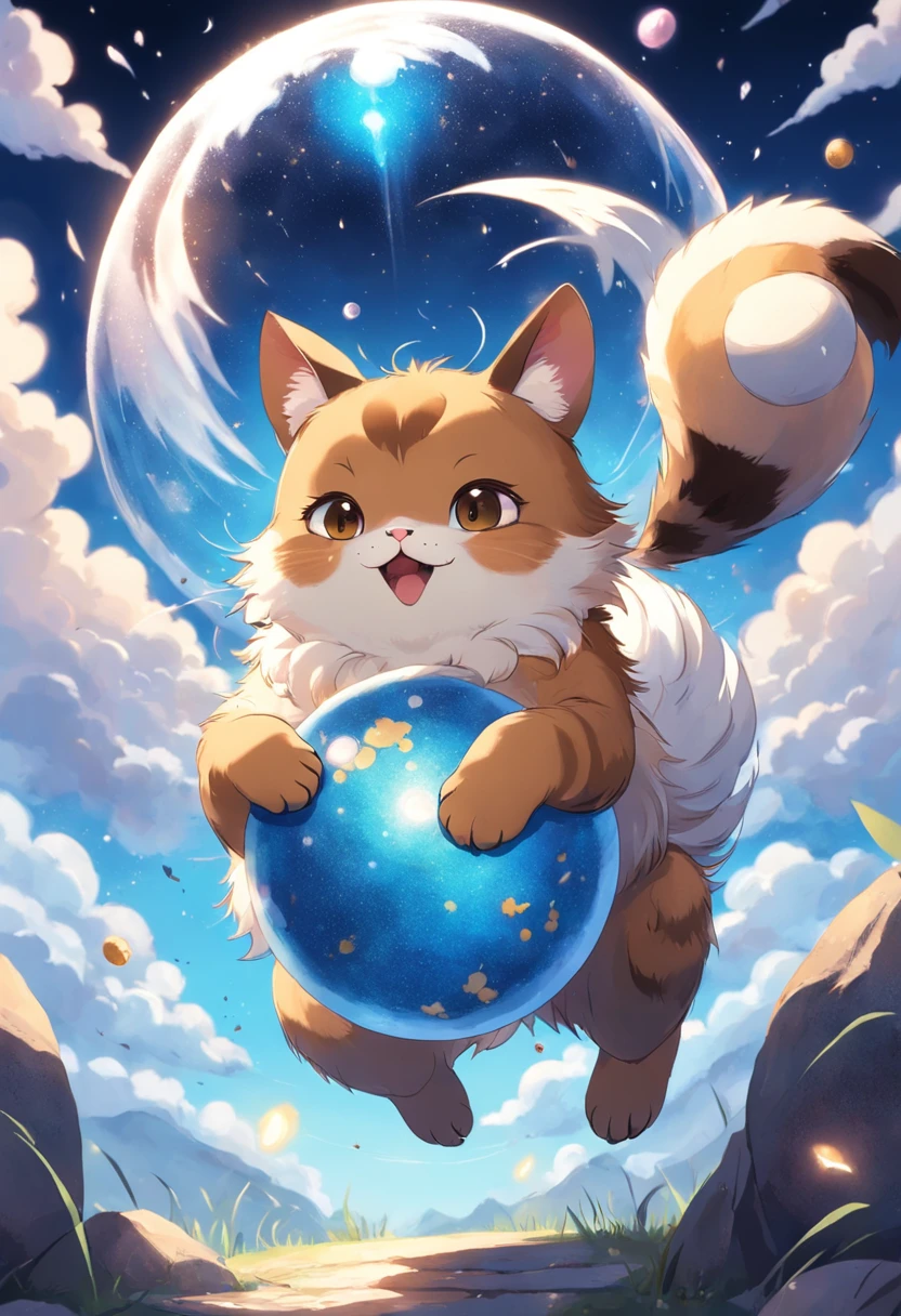 Brown and white bee cat、Draw a picture of playing with a small multicolored ball rolled with its front paws。The cat's expression is a mixture of surprise and excitement.、The way he chases the ball is very cute.。The background is pale blue、There is a glitter around the ball