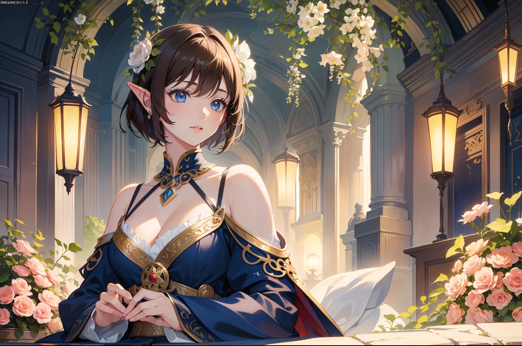 Official Art, Masterpiece European female, elvish, short hair, pale brown hair , brown eyes, (masterpiece、top-quality、hight resolution: 1.4),in 8K, Drawing of a woman with short pale brown hair, Anime Art Nouveau, highly detailed exquisite fanart, anime fantasy illustration, clean detailed anime art, detailed anime art, Sharp Focus, Delicate Beautiful Hair and Eyes and Face, realisitic, ultra-detailliert, flower garden, only one person