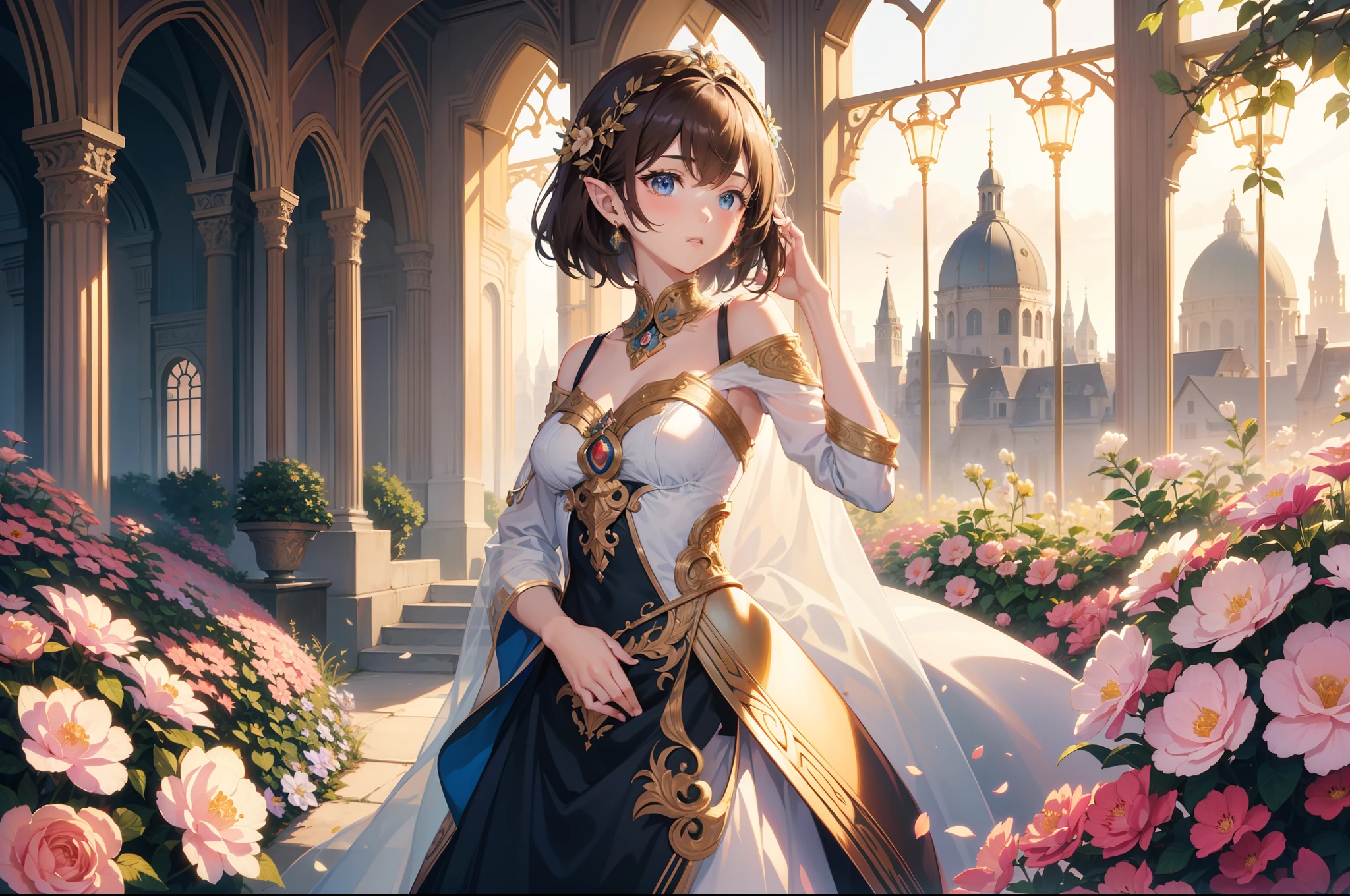 Official Art, Masterpiece European female, elvish, short hair, lightbrown hair , brown eyes, (masterpiece、top-quality、hight resolution: 1.4),in 8K, Drawing of a woman with short lightbrown hair, Anime Art Nouveau, highly detailed exquisite fanart, anime fantasy illustration, clean detailed anime art, detailed anime art, Sharp Focus, Delicate Beautiful Hair and Eyes and Face, realisitic, ultra-detailliert, flower garden, only one person