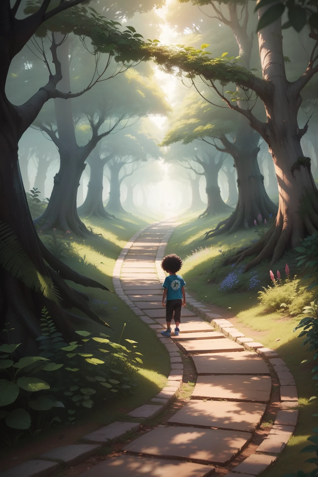 4k illustration masterpiece of a little black boy with short, curly hair, expllorador e feliz de 8 anos, semprecom um mapa antigo ,rumo ao Alto Monte Pascoal. Next to a cute walkway an enchanted trail that took them through a magical forest full of friendly creatures and fun plants. No final da trilha, eles descobriram um portal misterioso que os transportou para uma terra de maravilhas.