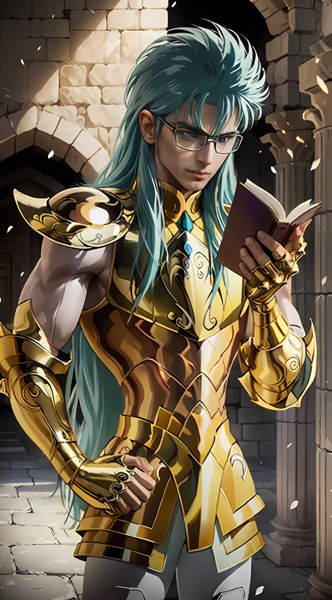 A man, male details, Degel Aquarius from Saint Seiya, masterpiece, best quality, highly detailed RAW color photo, sharp focus, 8k high definition, (reading glasses:1.5), (holding a book:1.2), long hair, turtle neck, male wearing gold armor, light turquoise green hair, tight-fitting green undergarment beneath armor, purple eyes, leg armor, shoulder armor, yellow armor, reflection on armor, headset, yellow headband, sparking armor, white skin-tight transparent vinyl, gentle smile, in an open and well-lit Coliseum with Greek pillars and (garden with flowers:1.1), Aquarius Armor, standing straight, sacredness, landscape, bright, facial freckles (0.1), to8contrast style, posing in a bright Coliseum with Greek pillars, rim lighting (1.4), two-tone lighting with soft highlights, octane, unreal, well-lit, aura of wisdom.