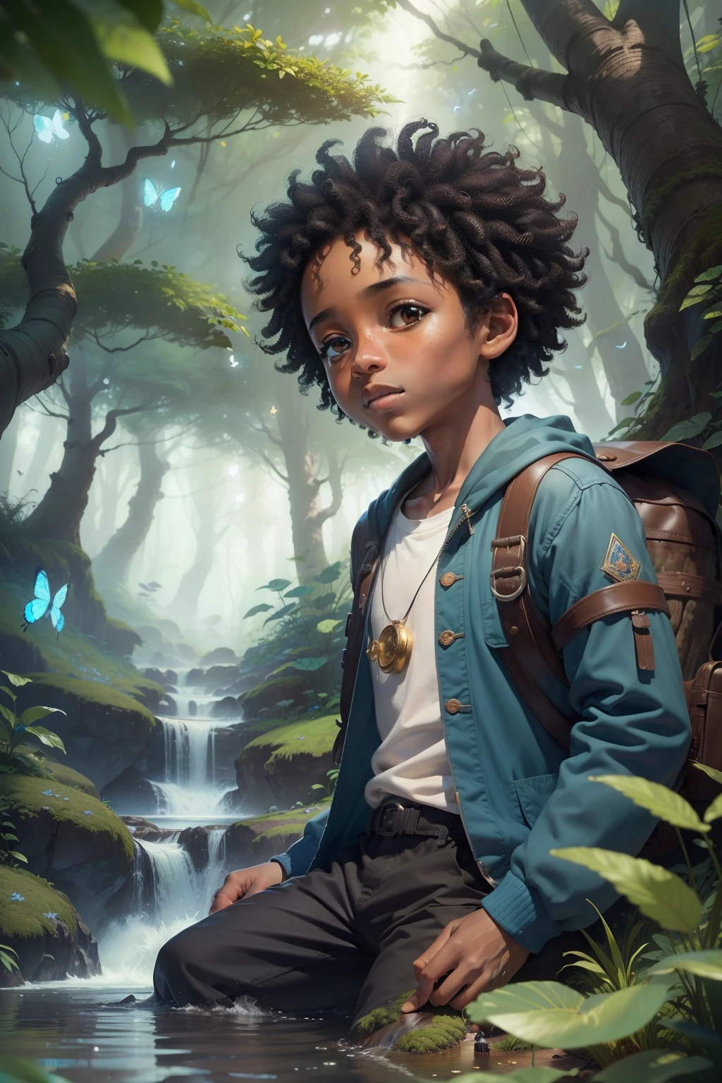 Masterpiece 4k illustration of a little black boy with short curly hair, explorador e feliz de 8 anos, sempre com um mapa antigo ,rumo ao Alto Monte Pascoal(realistic version). by an enchanted trail, chheia of streams, butterflies, birds, mushrooms, fireflies in a magical forest and a mysterious shimmering blue portal;