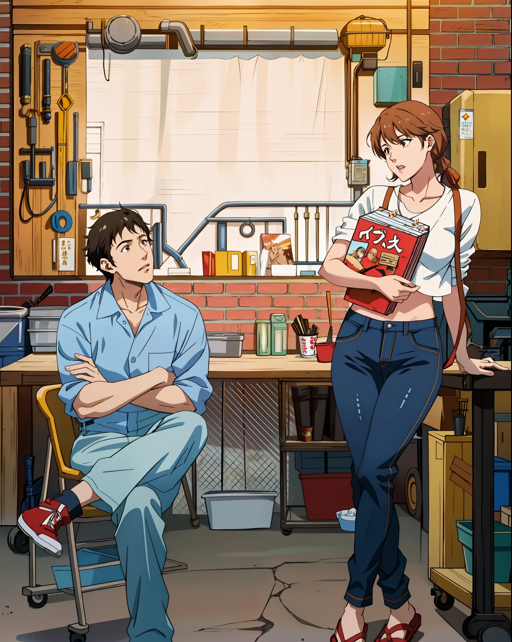 image of a man and a woman in a garage, movie promotional image, parody work, high quality movie still, still from the movie, high quality film still, movie film still, lv, award winning movie still, screenshot from a movie, film still from the movie, jia, sasai ukon masanao, makoto shinkai artstyle