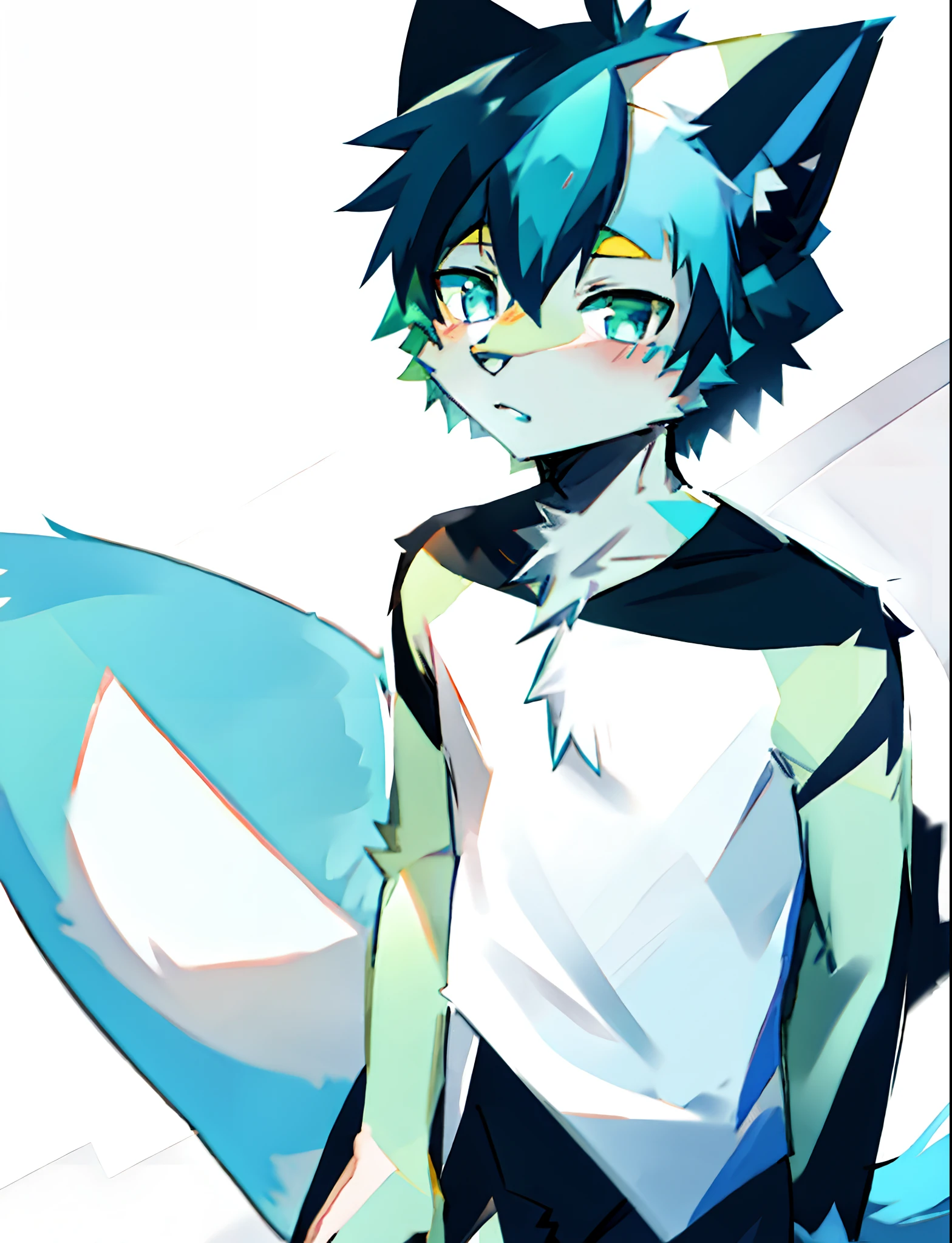 Furry boy cat ears green blue hair blue eyes