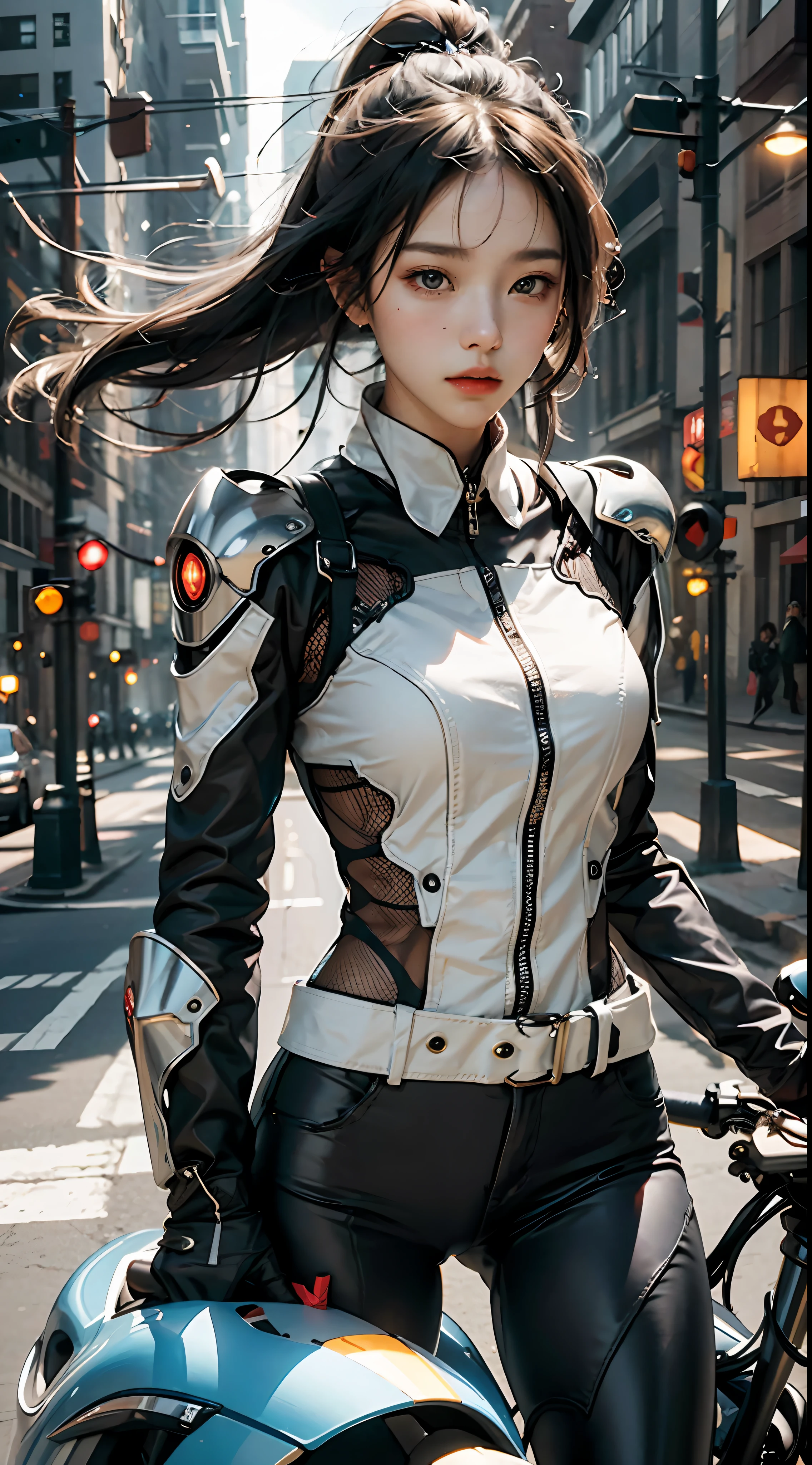 Highest image quality,Outstanding details,超高分辨率,(Fidelity:1.4),The best illustration,Favor the details,Highly cohesive 1girl,He has a delicate and beautiful face,The fuselage of the silver-gray mech,Hold the direction controller,Riding on a motorcycle,The background is a high-tech lighting scene in the future city。