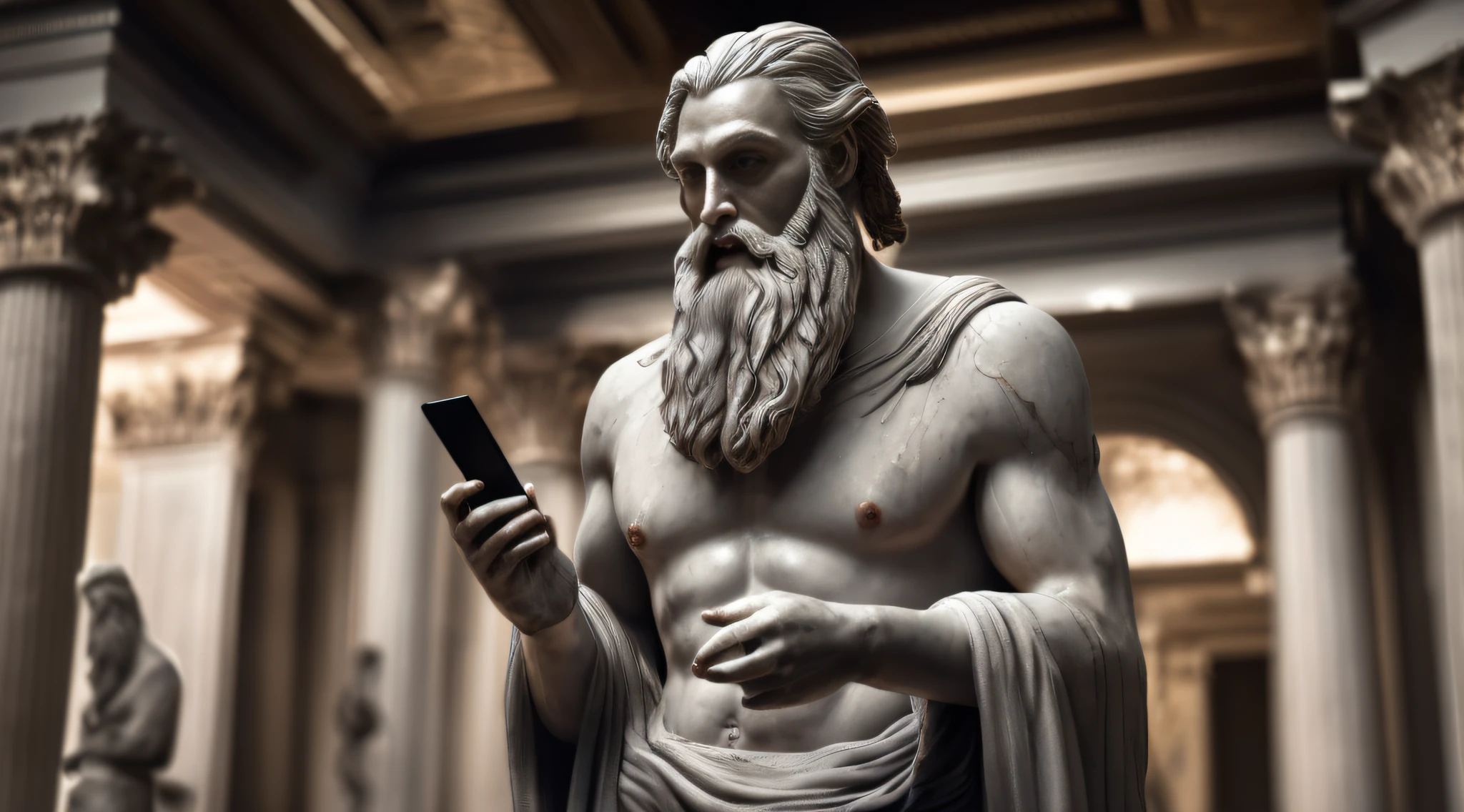 An ancient greek statue, wise and jacked, long beard and hair, Zeus like, godlike, looking to a cellphone, ancient versus modern, cinemactic, Charismatic, Black and white, ultradetailed, (8k, Foto RAW, melhor qualidade, master part: 1.2), (Realistic, fotorrealista: 1.37)