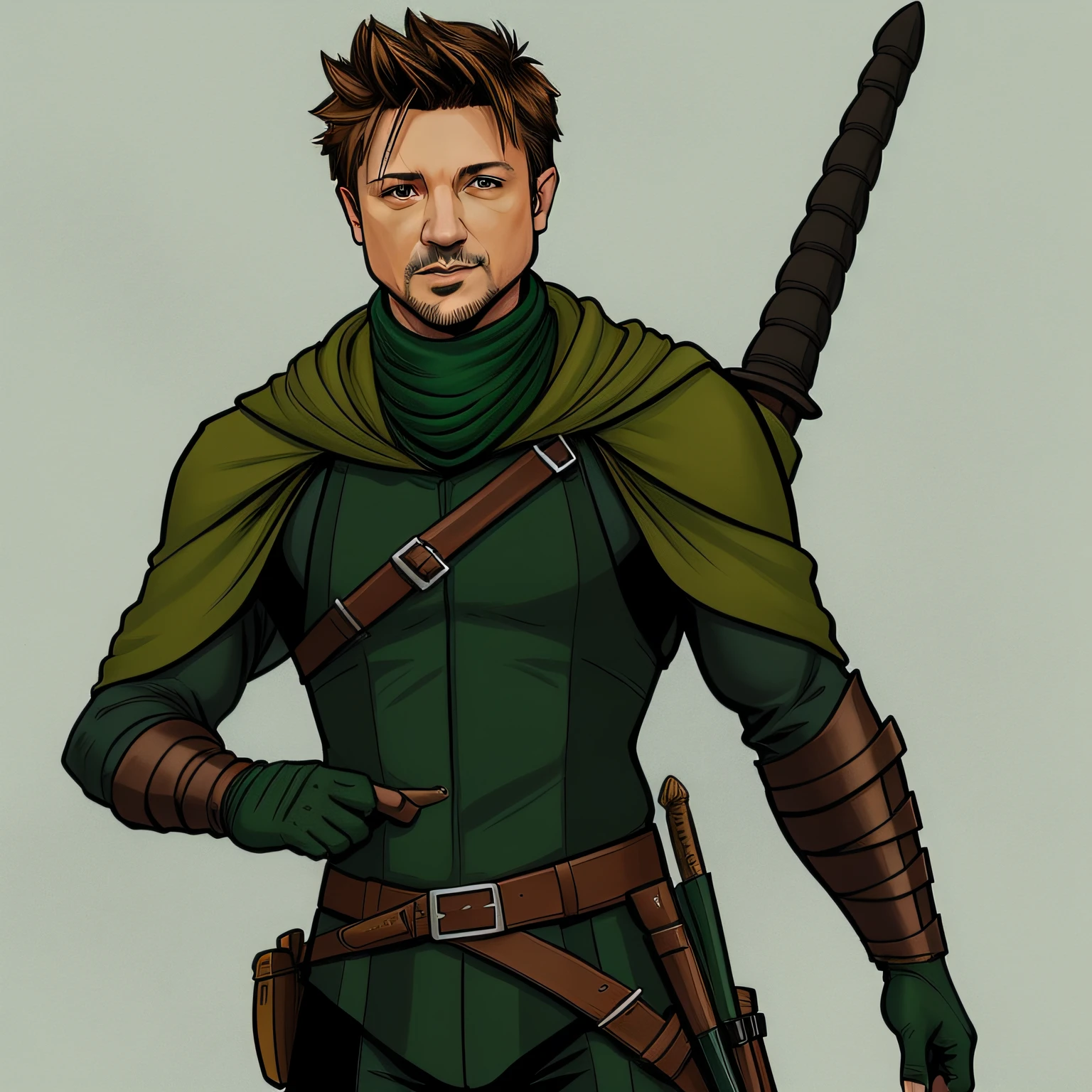 caricatura de um homem, vestindo traje de Arqueiro Verde, Jeremy Renner