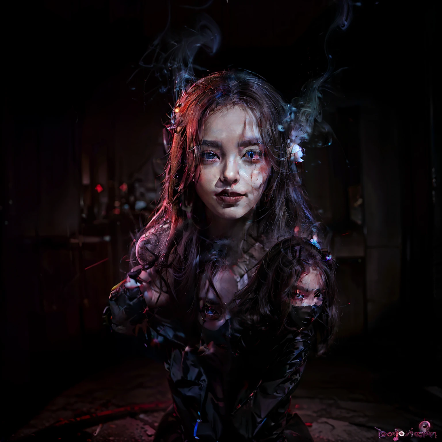 A beautifull girl, scary make up, devil smile, erotic pose, minimalist costume, deep shadow, pshycopath girl, full body, long hair, forehead, half mask, photorealistic, deep purple light, red eyes shine, smoke effect