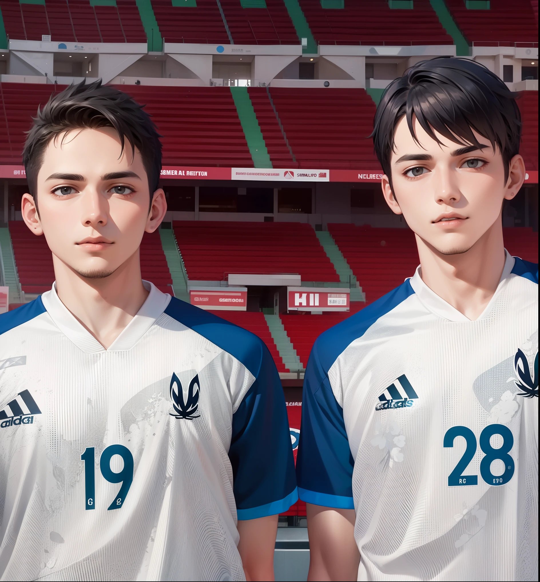 Attractive profile picture, 2 guys, masterpiece, ultra-precise rendering, beautiful and cool young man, trustworthy, dependable young man, savior of the world, simple design, most beautiful image, 4K, black hair, white adidas soccer jersey, v neck, facial hair.